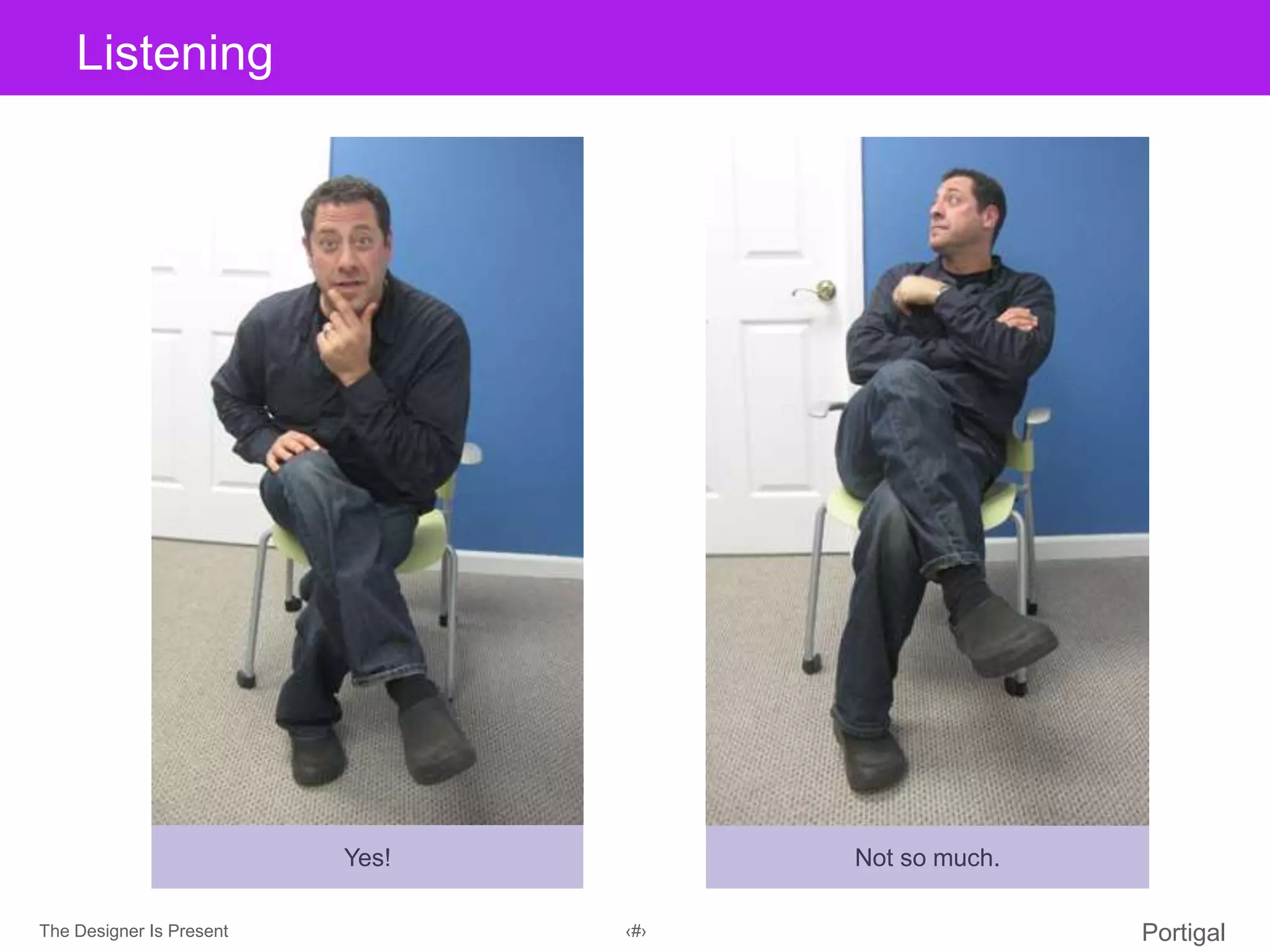 The Designer Is Present ‹#› Portigal
Click to edit Master title styleListening
Yes! Not so much.
 