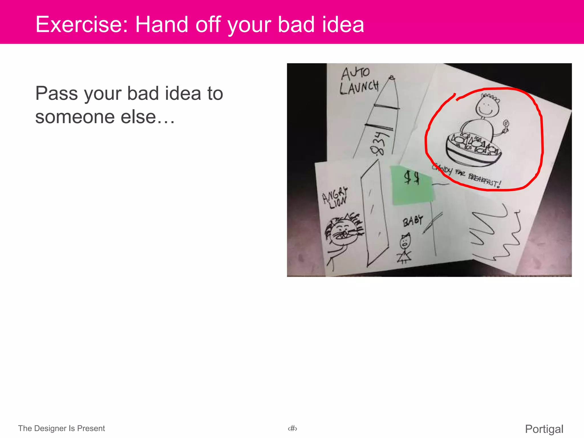 The Designer Is Present ‹#› Portigal
Click to edit Master title styleExercise: Hand off your bad idea
Pass your bad idea to
someone else…
 