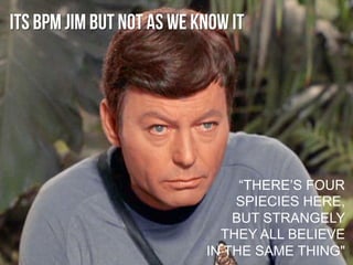 ITS BPM JIM BUT NOT AS WE KNOW IT
“THERE’S FOUR
SPIECIES HERE,
BUT STRANGELY
THEY ALL BELIEVE
IN THE SAME THING"
 