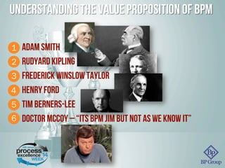 Understanding the value proposition of BPM
•  Adam Smith
•  Rudyard Kipling
•  Frederick Winslow Taylor
•  Henry Ford
•  Tim Berners-Lee
•  Doctor McCoy – “its BPM Jim but not as we know it”
1
2
3
4
5
6
 
