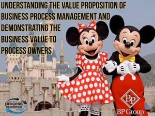 Understanding the value
proposition of Business
Process Management and
demonstrating the
business value to process
owners
Understanding the value proposition of
Business Process Management and
demonstrating the
business value to
process owners
 