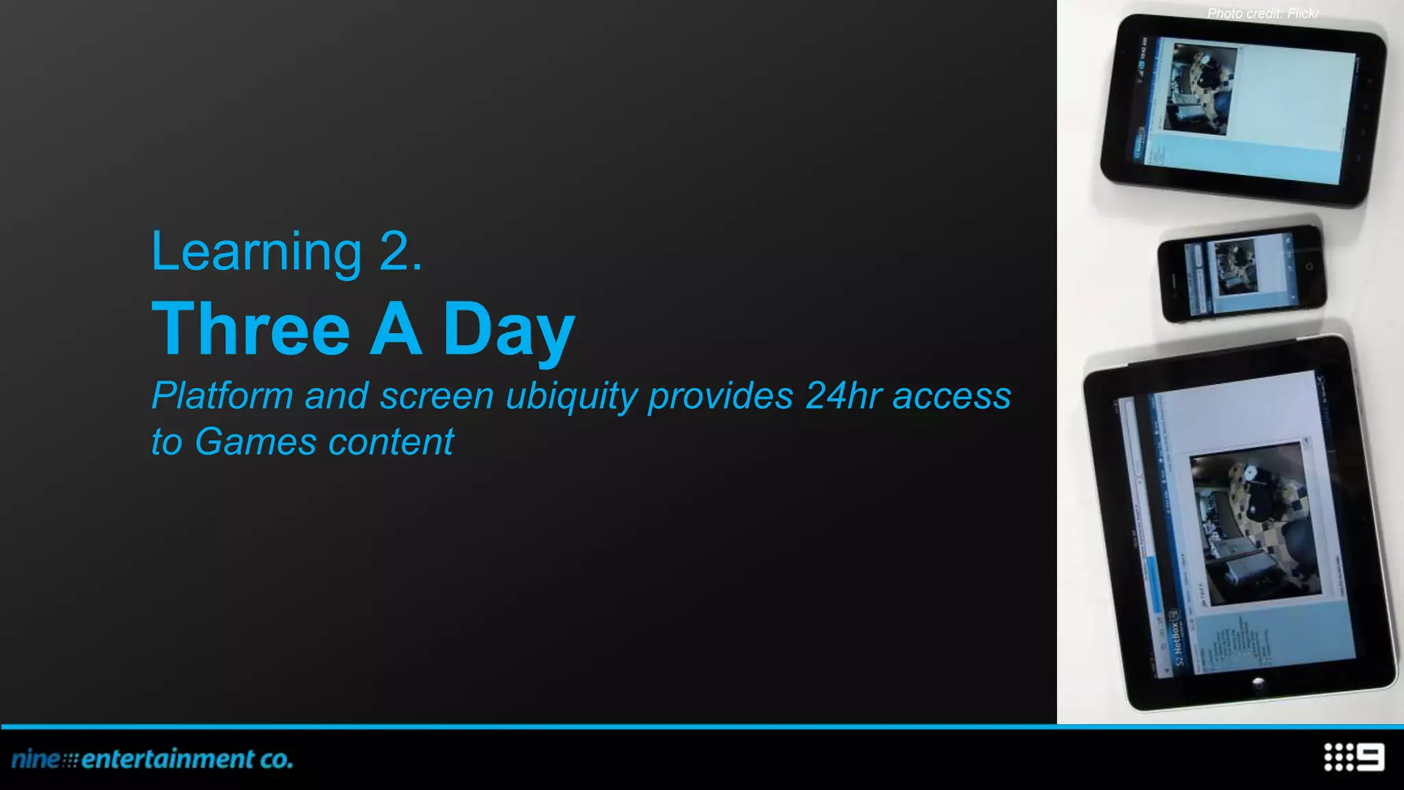 Photo credit: Flickr




Learning 2.
Three A Day
Platform and screen ubiquity provides 24hr access
to Games content
 