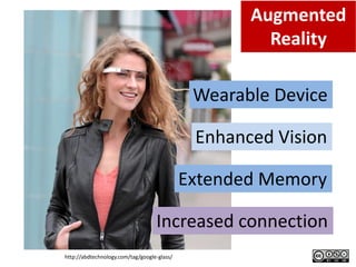 http://abdtechnology.com/tag/google-glass/
Wearable Device
Enhanced Vision
Increased connection
Extended Memory
Augmented
Reality
 