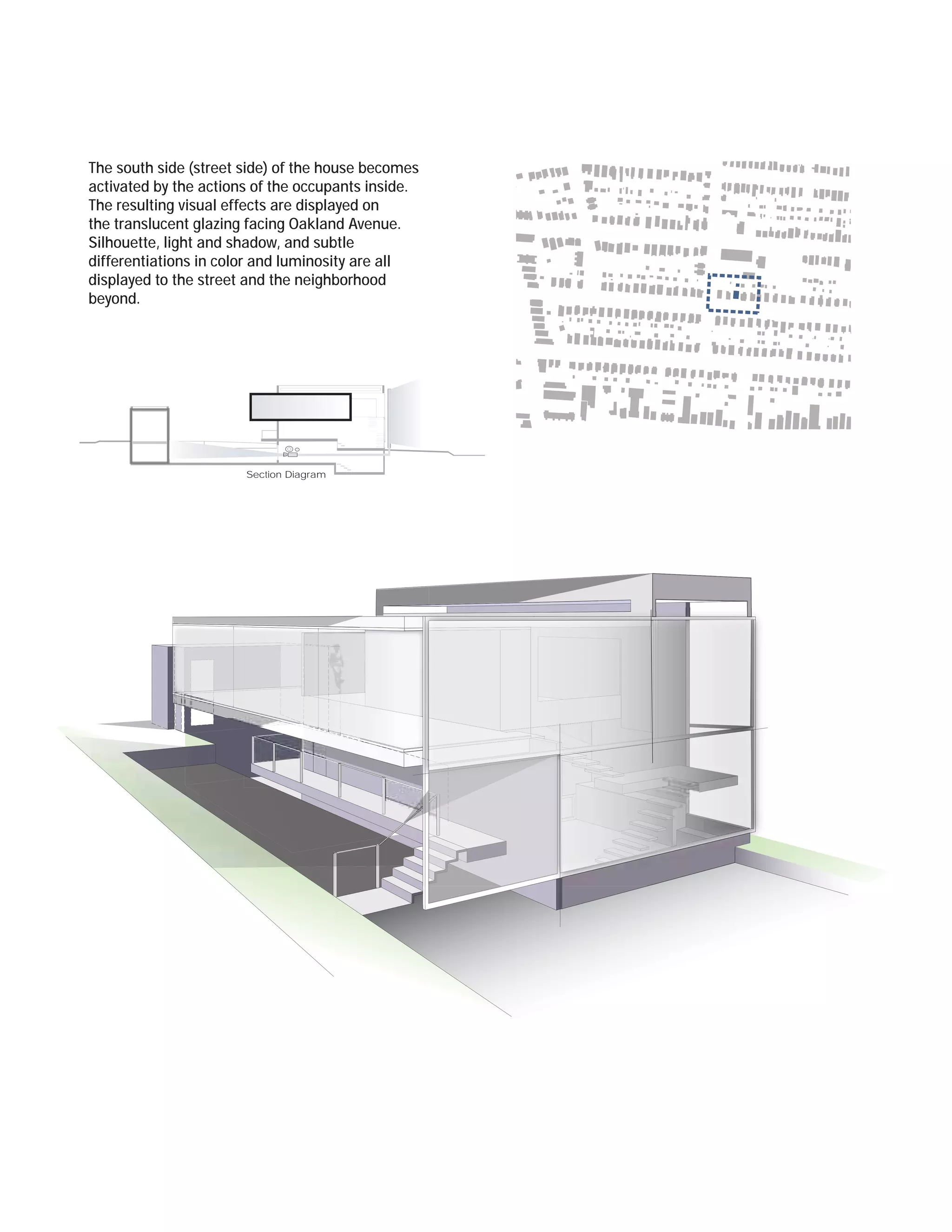 The south side (street side) of the house becomes
activated by the actions of the occupants inside.
The resulting visual effects are displayed on
the translucent glazing facing Oakland Avenue.
Silhouette, light and shadow, and subtle
differentiations in color and luminosity are all
displayed to the street and the neighborhood
beyond.




                       Section Diagram
 