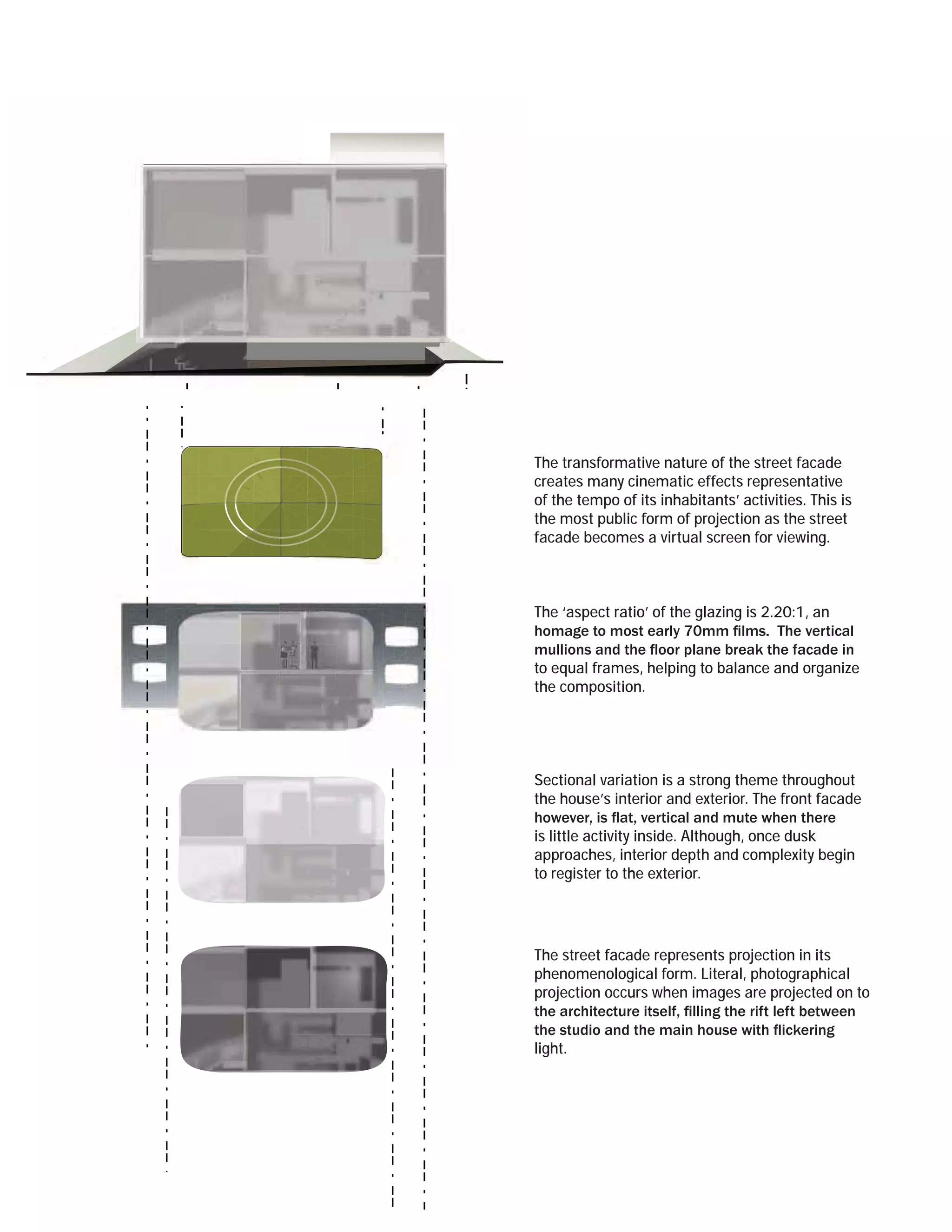 The transformative nature of the street facade
creates many cinematic effects representative
of the tempo of its inhabitants’ activities. This is
the most public form of projection as the street
facade becomes a virtual screen for viewing.



The ‘aspect ratio’ of the glazing is 2.20:1, an


to equal frames, helping to balance and organize
the composition.




Sectional variation is a strong theme throughout
the house’s interior and exterior. The front facade

is little activity inside. Although, once dusk
approaches, interior depth and complexity begin
to register to the exterior.




The street facade represents projection in its
phenomenological form. Literal, photographical
projection occurs when images are projected on to


light.
 