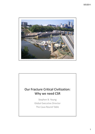 9/5/2011
1
Our Fracture Critical Civilization:
Why we need CSR
Stephen B. Young
Global Executive Director
The Caux Round Table
 