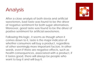 Analysis
After a close analysis of both stevia and artificial
sweeteners, bad taste was found to be the driver
of negative sentiment for both sugar alternatives.
Moreover, good taste was found to be the driver of
positive sentiment for artificial sweeteners.
Following this logic, it seems as though when it
comes down to it, taste is the major indicator of
whether consumers will buy a product, regardless
of other seemingly more important factors. In other
words, even if there are negative effects, such as
health consequences, associated with a product, if
it tastes good, there will always be people who
want to buy it and will buy it.
 