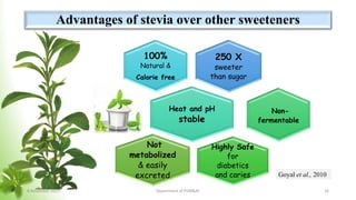 Advantages of stevia over other sweeteners
250 X
sweeter
than sugar
100%
Natural &
Calorie free
Heat and pH
stable
Non-
fermentable
Highly Safe
for
diabetics
and caries
Not
metabolized
& easily
excreted Goyal et al., 2010
8 November 2023 Department of PSM&AC 16
 