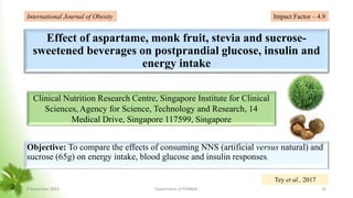 Effect of aspartame, monk fruit, stevia and sucrose-
sweetened beverages on postprandial glucose, insulin and
energy intake
Objective: To compare the effects of consuming NNS (artificial versus natural) and
sucrose (65g) on energy intake, blood glucose and insulin responses.
Clinical Nutrition Research Centre, Singapore Institute for Clinical
Sciences, Agency for Science, Technology and Research, 14
Medical Drive, Singapore 117599, Singapore
International Journal of Obesity
Tey et al., 2017
Impact Factor – 4.9
8 November 2023 Department of PSM&AC 20
 