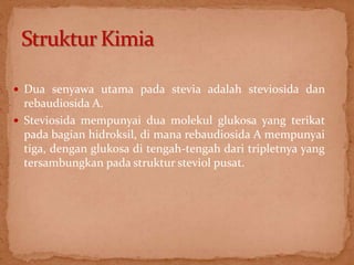  Dua senyawa utama pada stevia adalah steviosida dan 
rebaudiosida A. 
 Steviosida mempunyai dua molekul glukosa yang terikat 
pada bagian hidroksil, di mana rebaudiosida A mempunyai 
tiga, dengan glukosa di tengah-tengah dari tripletnya yang 
tersambungkan pada struktur steviol pusat. 
 