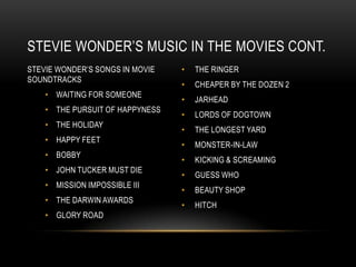 STEVIE WONDER‟S MUSIC IN THE MOVIES CONT.
STEVIE WONDER‟S SONGS IN MOVIE   •   THE RINGER
SOUNDTRACKS
                                 •   CHEAPER BY THE DOZEN 2
    • WAITING FOR SOMEONE
                                 •   JARHEAD
    • THE PURSUIT OF HAPPYNESS
                                 •   LORDS OF DOGTOWN
    • THE HOLIDAY
                                 •   THE LONGEST YARD
    • HAPPY FEET
                                 •   MONSTER-IN-LAW
    • BOBBY
                                 •   KICKING & SCREAMING
    • JOHN TUCKER MUST DIE
                                 •   GUESS WHO
    • MISSION IMPOSSIBLE III
                                 •   BEAUTY SHOP
    • THE DARWIN AWARDS
                                 •   HITCH
    • GLORY ROAD
 