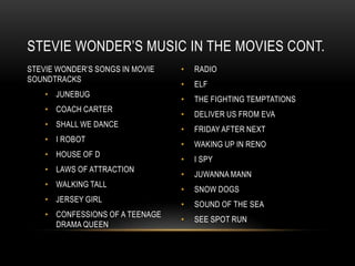 STEVIE WONDER‟S MUSIC IN THE MOVIES CONT.
STEVIE WONDER‟S SONGS IN MOVIE   •   RADIO
SOUNDTRACKS
                                 •   ELF
    • JUNEBUG
                                 •   THE FIGHTING TEMPTATIONS
    • COACH CARTER
                                 •   DELIVER US FROM EVA
    • SHALL WE DANCE
                                 •   FRIDAY AFTER NEXT
    • I ROBOT
                                 •   WAKING UP IN RENO
    • HOUSE OF D
                                 •   I SPY
    • LAWS OF ATTRACTION
                                 •   JUWANNA MANN
    • WALKING TALL
                                 •   SNOW DOGS
    • JERSEY GIRL
                                 •   SOUND OF THE SEA
    • CONFESSIONS OF A TEENAGE
                                 •   SEE SPOT RUN
      DRAMA QUEEN
 