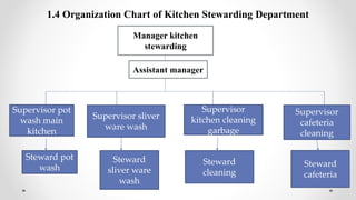 1.4 Organization Chart of Kitchen Stewarding Department
Manager kitchen
stewarding
Assistant manager
Supervisor sliver
ware wash
Supervisor
kitchen cleaning
garbage
Supervisor
cafeteria
cleaning
Supervisor pot
wash main
kitchen
Steward pot
wash
Steward
sliver ware
wash
Steward
cleaning
Steward
cafeteria
 