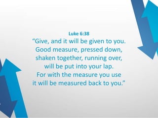 Luke 6:38
“Give, and it will be given to you.
Good measure, pressed down,
shaken together, running over,
will be put into your lap.
For with the measure you use
it will be measured back to you.”
 