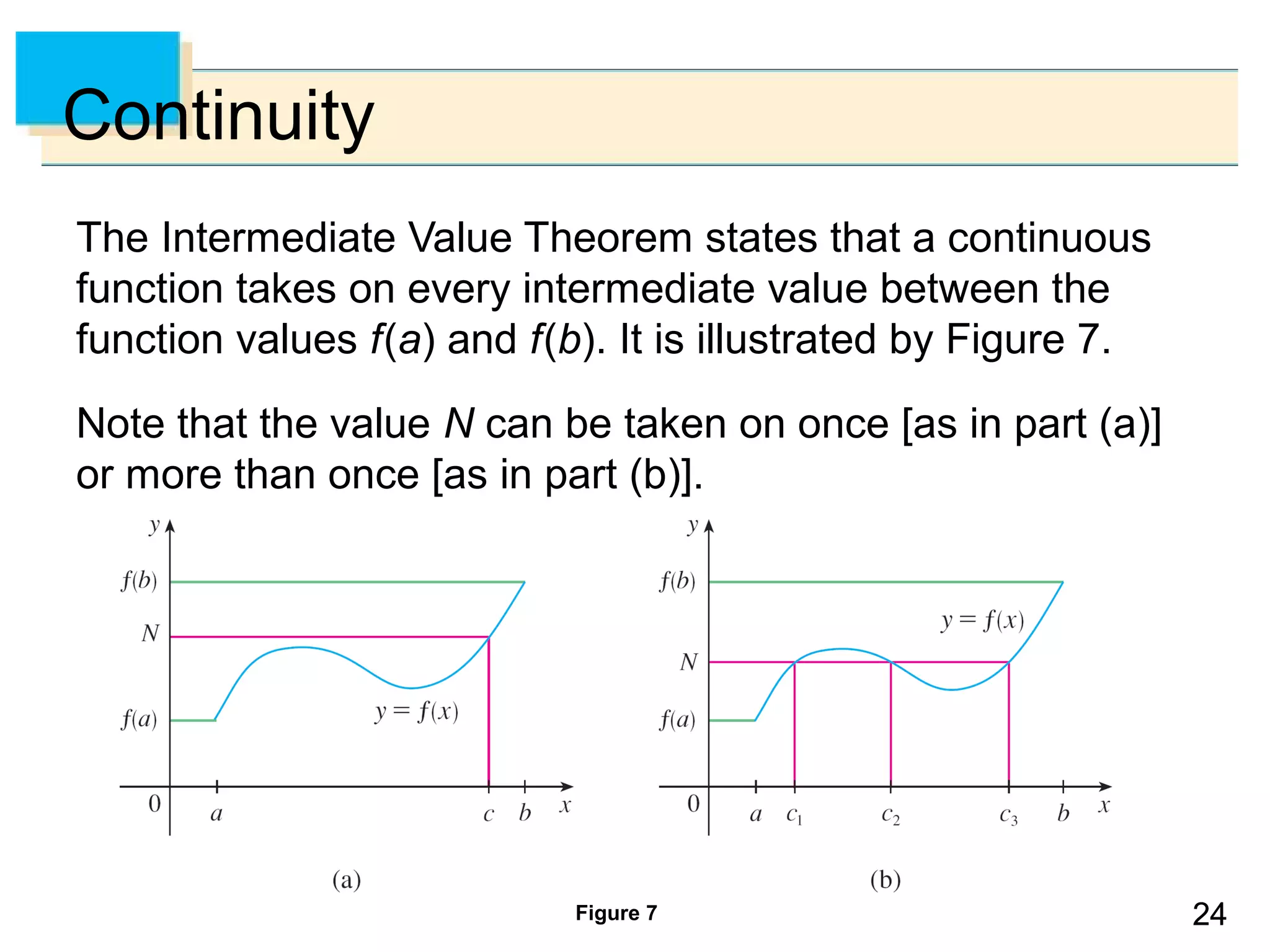 2424
Continuity
The Intermediate Value Theorem states that a continuous
function takes on every intermediate value between the
function values f(a) and f(b). It is illustrated by Figure 7.
Note that the value N can be taken on once [as in part (a)]
or more than once [as in part (b)].
Figure 7
 