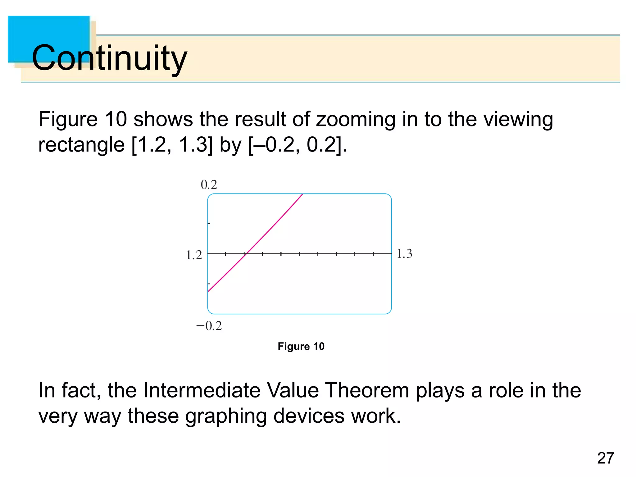 2727
Continuity
Figure 10 shows the result of zooming in to the viewing
rectangle [1.2, 1.3] by [–0.2, 0.2].
In fact, the Intermediate Value Theorem plays a role in the
very way these graphing devices work.
Figure 10
 