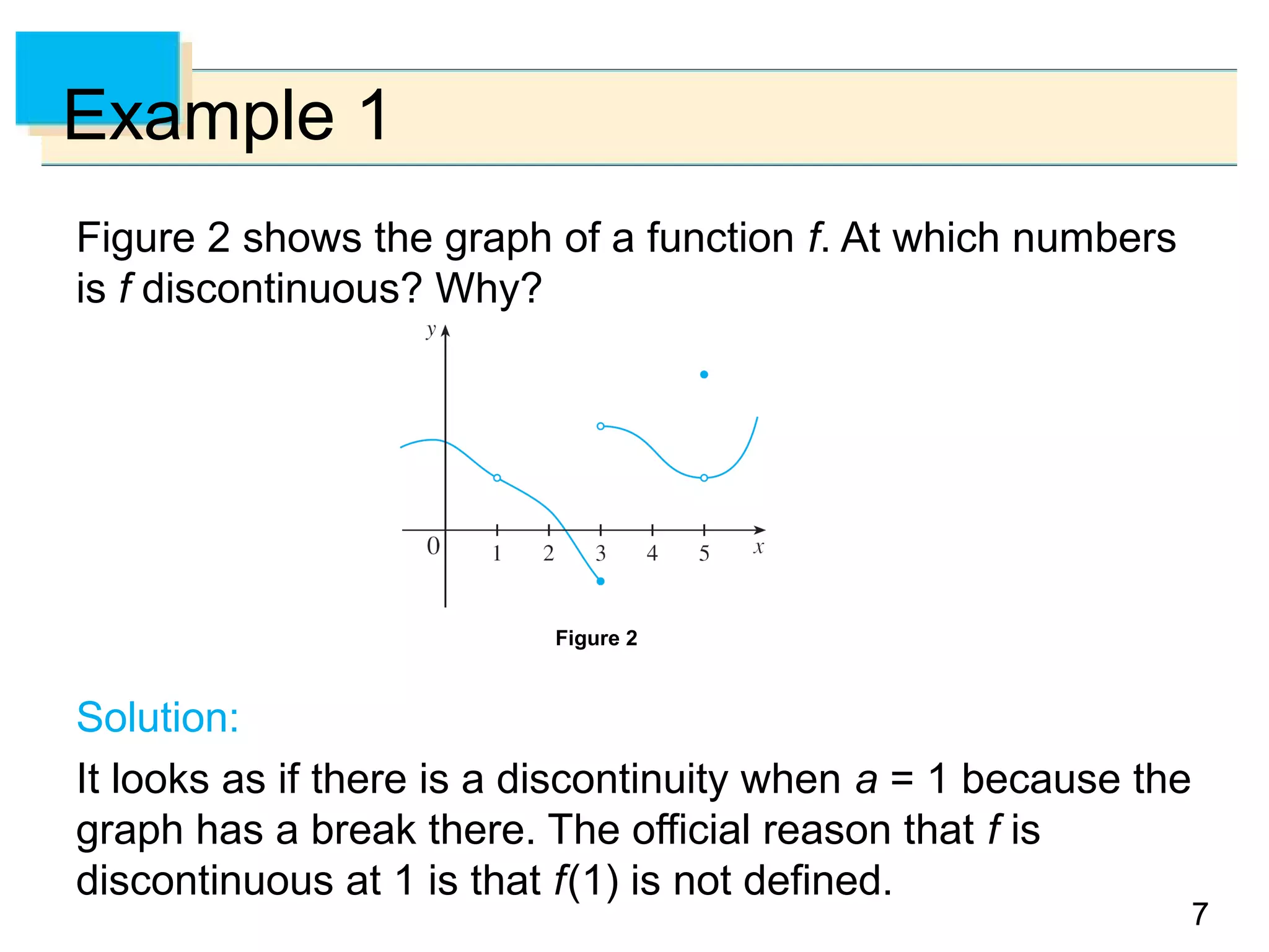 77
Example 1
Figure 2 shows the graph of a function f. At which numbers
is f discontinuous? Why?
Solution:
It looks as if there is a discontinuity when a = 1 because the
graph has a break there. The official reason that f is
discontinuous at 1 is that f(1) is not defined.
Figure 2
 