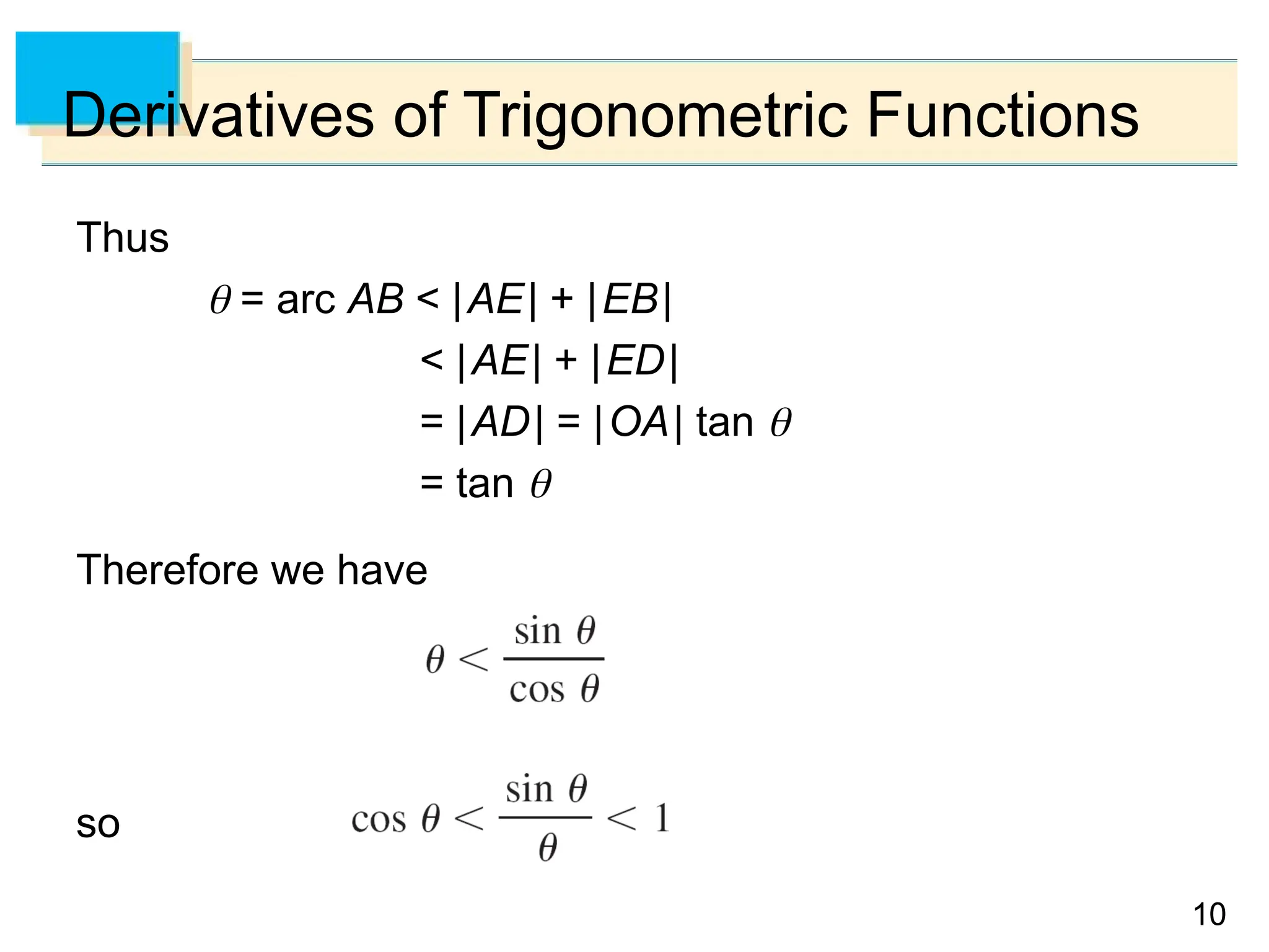 10
10
Derivatives of Trigonometric Functions
Thus
 = arc AB < |AE| + |EB|
< |AE| + |ED|
= |AD| = |OA| tan 
= tan 
Therefore we have
so
 