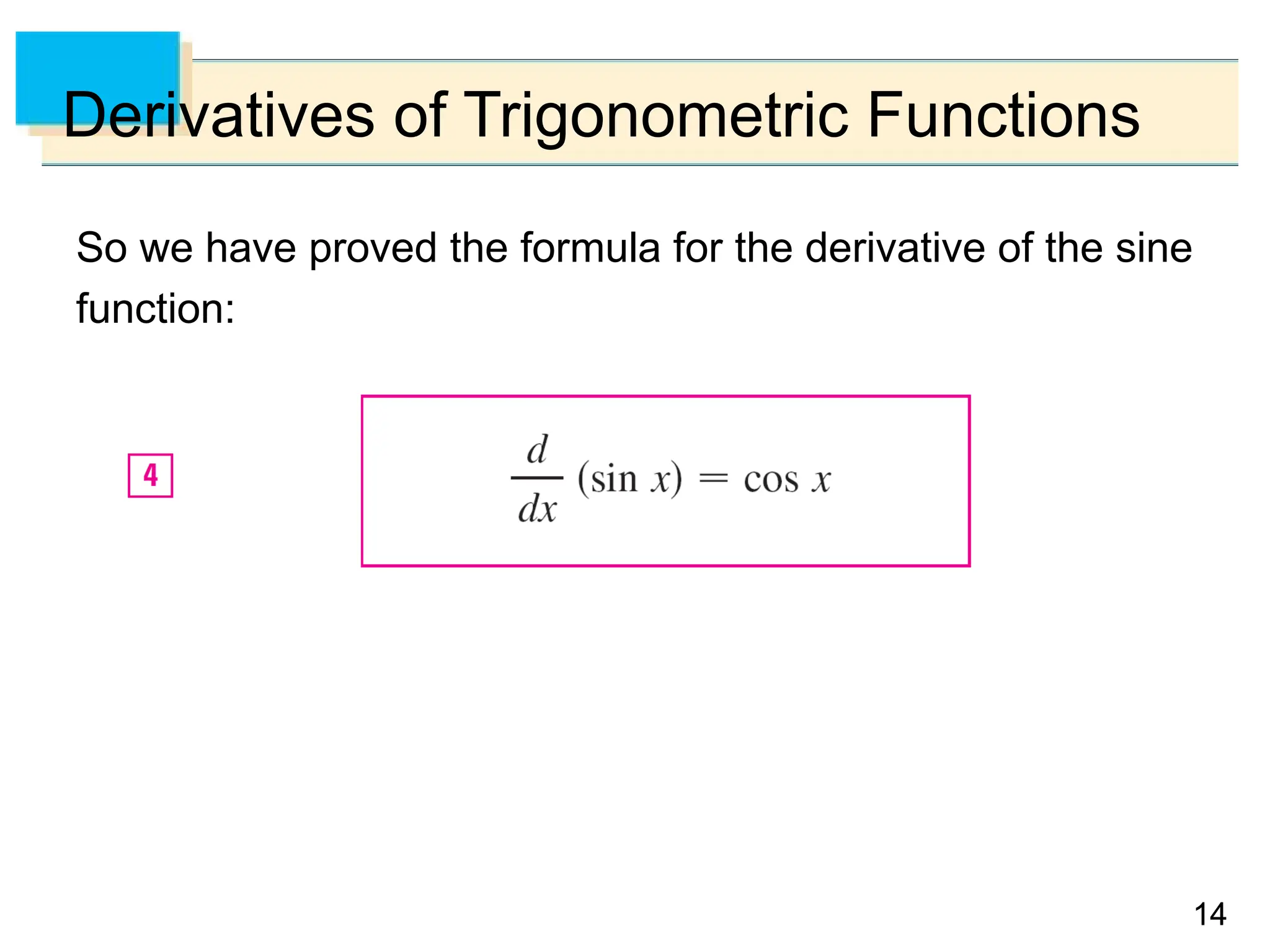 14
14
Derivatives of Trigonometric Functions
So we have proved the formula for the derivative of the sine
function:
 