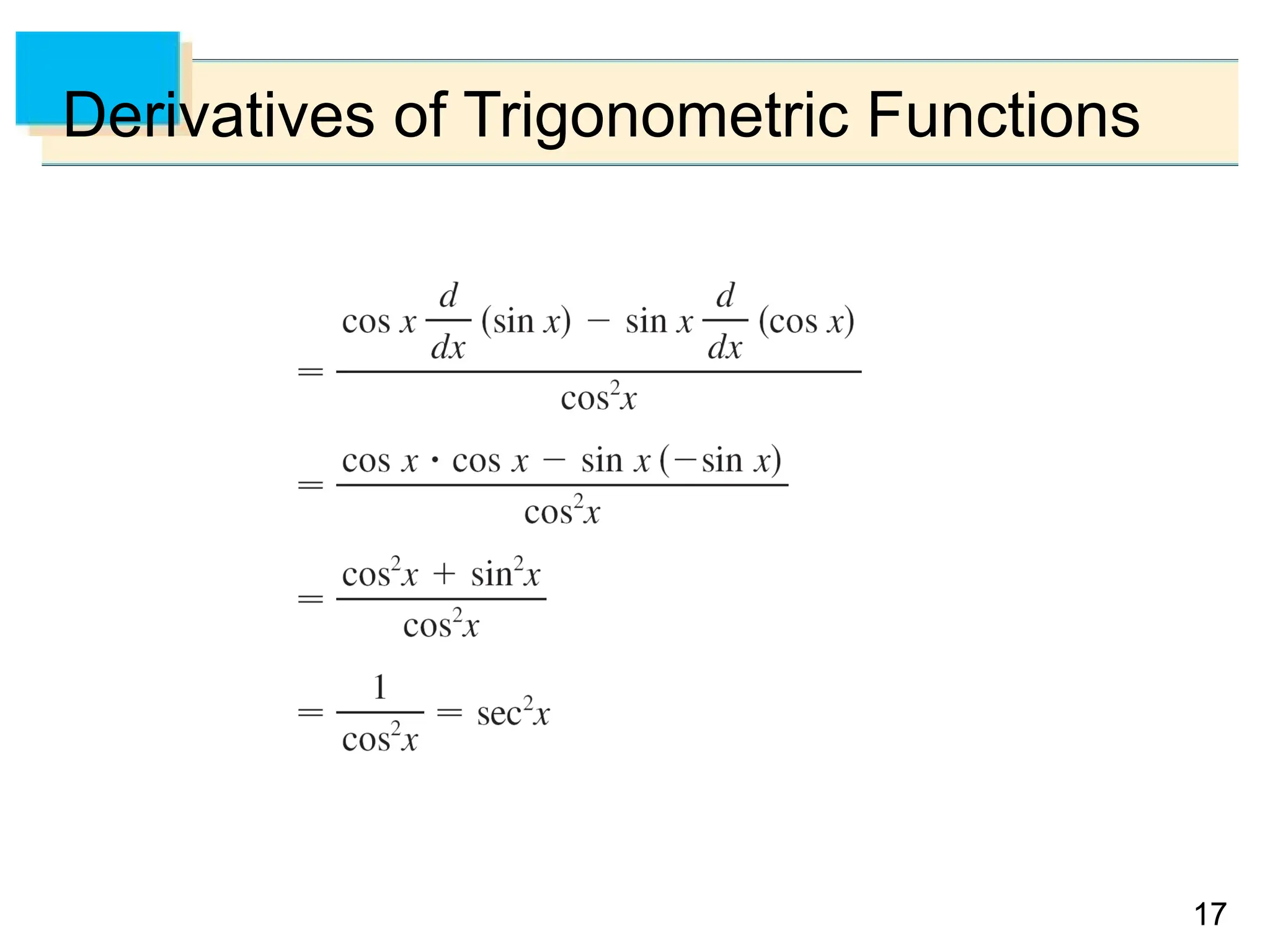 17
17
Derivatives of Trigonometric Functions
 