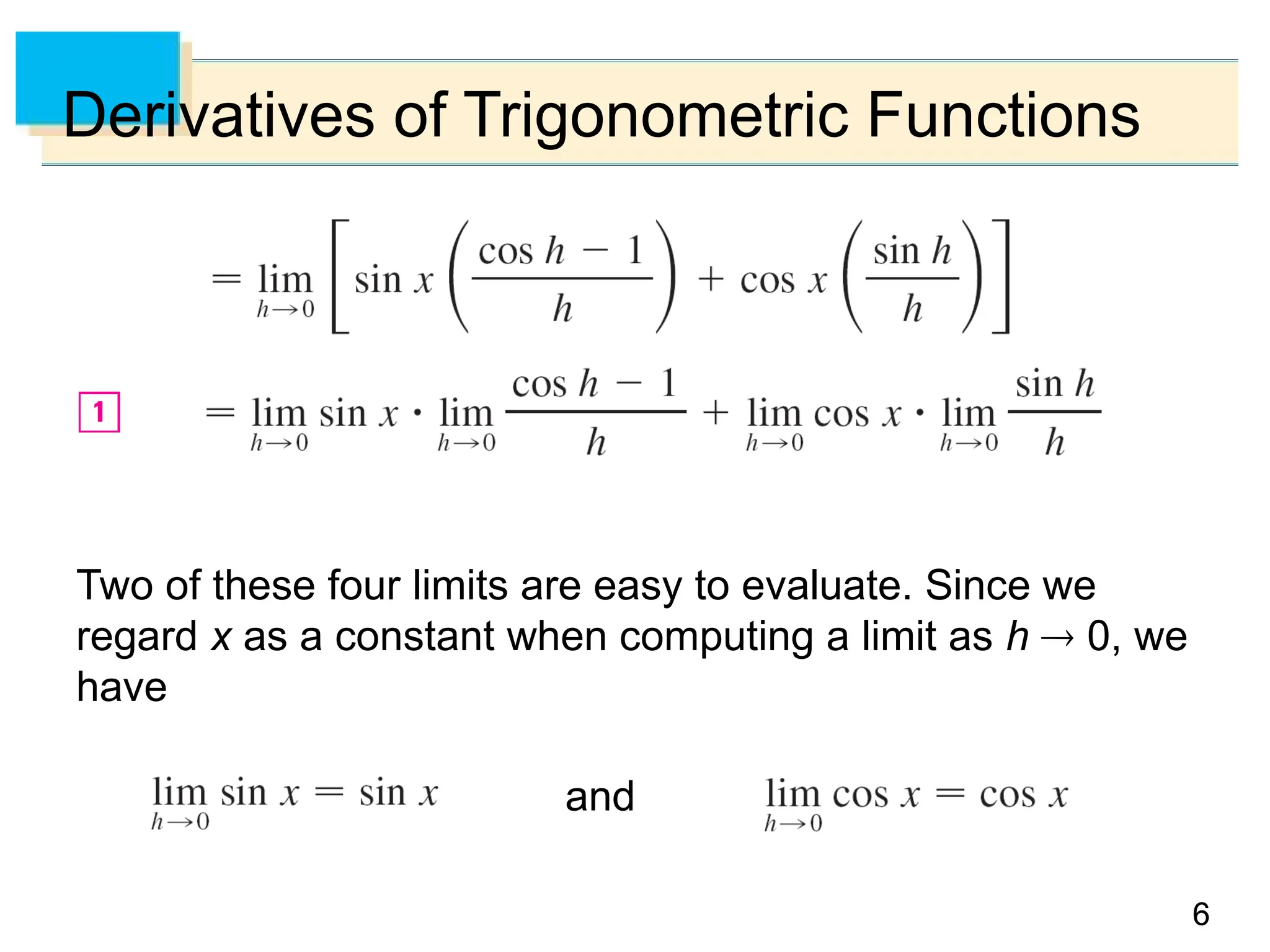 6
6
Derivatives of Trigonometric Functions
Two of these four limits are easy to evaluate. Since we
regard x as a constant when computing a limit as h  0, we
have
and
 