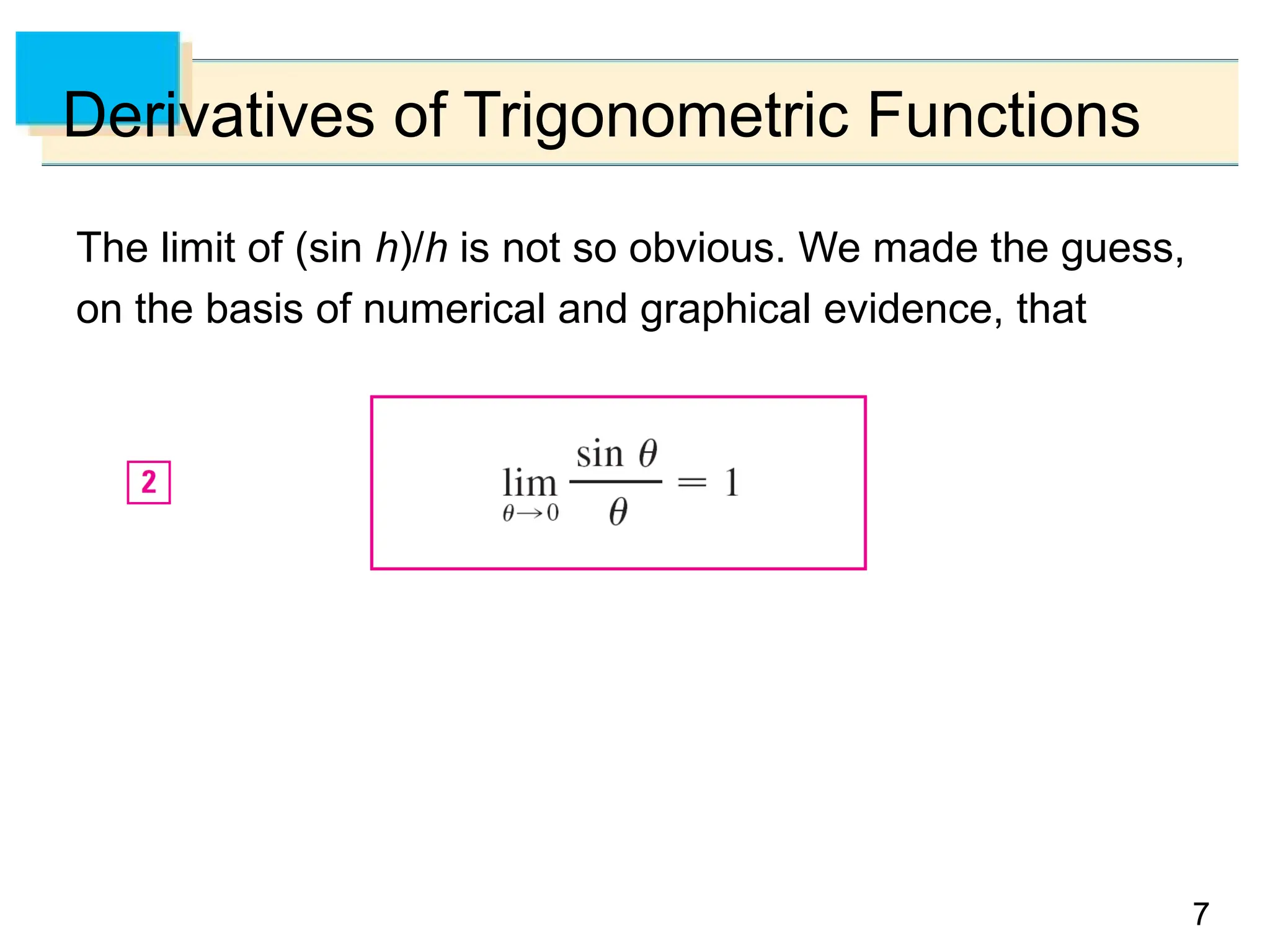 7
7
Derivatives of Trigonometric Functions
The limit of (sin h)/h is not so obvious. We made the guess,
on the basis of numerical and graphical evidence, that
 