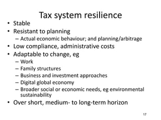 Tax system resilience
• Stable
• Resistant to planning
– Actual economic behaviour; and planning/arbitrage
• Low compliance, administrative costs
• Adaptable to change, eg
– Work
– Family structures
– Business and investment approaches
– Digital global economy
– Broader social or economic needs, eg environmental
sustainability
• Over short, medium- to long-term horizon
17
 