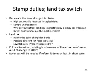 Stamp duties; land tax switch
• Duties are the second largest tax base
– High but volatile revenues in capital cities
– Lumpy, unpredictable
– Why borrow upfront (and pay interest) to pay a lumpy tax when can
– Duties on insurance are the most inefficient
• Land tax
– Harmonize base; change land unit
– Possible different flat rates in States?
– Low flat rate? (Prosper suggests 6%?)
• Political transition; existing land-owners will bear tax on reform –
A.C.T challenge to 2032?
• Revenues will be needed if reform is done, at least in short term
30
 