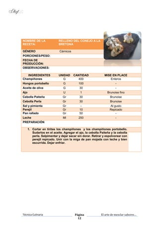 Técnica Culinaria Página
12
El arte de mezclar sabores…
NOMBRE DE LA
RECETA:
RELLENO DEL CONEJO A LA
BRETONA
GÉNERO Cárnicos
PORCIONES/PESO:
FECHA DE
PRODUCCIÓN:
OBSERVACIONES:
INGREDIENTES UNIDAD CANTIDAD MISE EN PLACE
Champiñones G 400 Enteros
Hongos portobello G 100 -
Aceite de oliva G 30 -
Ajo U 1 Brunoise fino
Cebolla Paiteña Gr 30 Brunoise
Cebolla Perla Gr 30 Brunoise
Sal y pimienta Gr - Al gusto
Perejil Gr 10 Repicado
Pan rallado Gr 50 -
Leche Ml 250 -
PREPARACIÓN
1. Cortar en tiritas los champiñones y los champiñones portobello.
Sudarlos en el aceite. Agregar el ajo, la cebolla Paiteña y la cebolla
perla. Salpimentar y dejar secar sin dorar. Retirar y espolvorear con
perejil repicado. Unir con la miga de pan mojada con leche y bien
escurrida. Dejar enfriar.
 