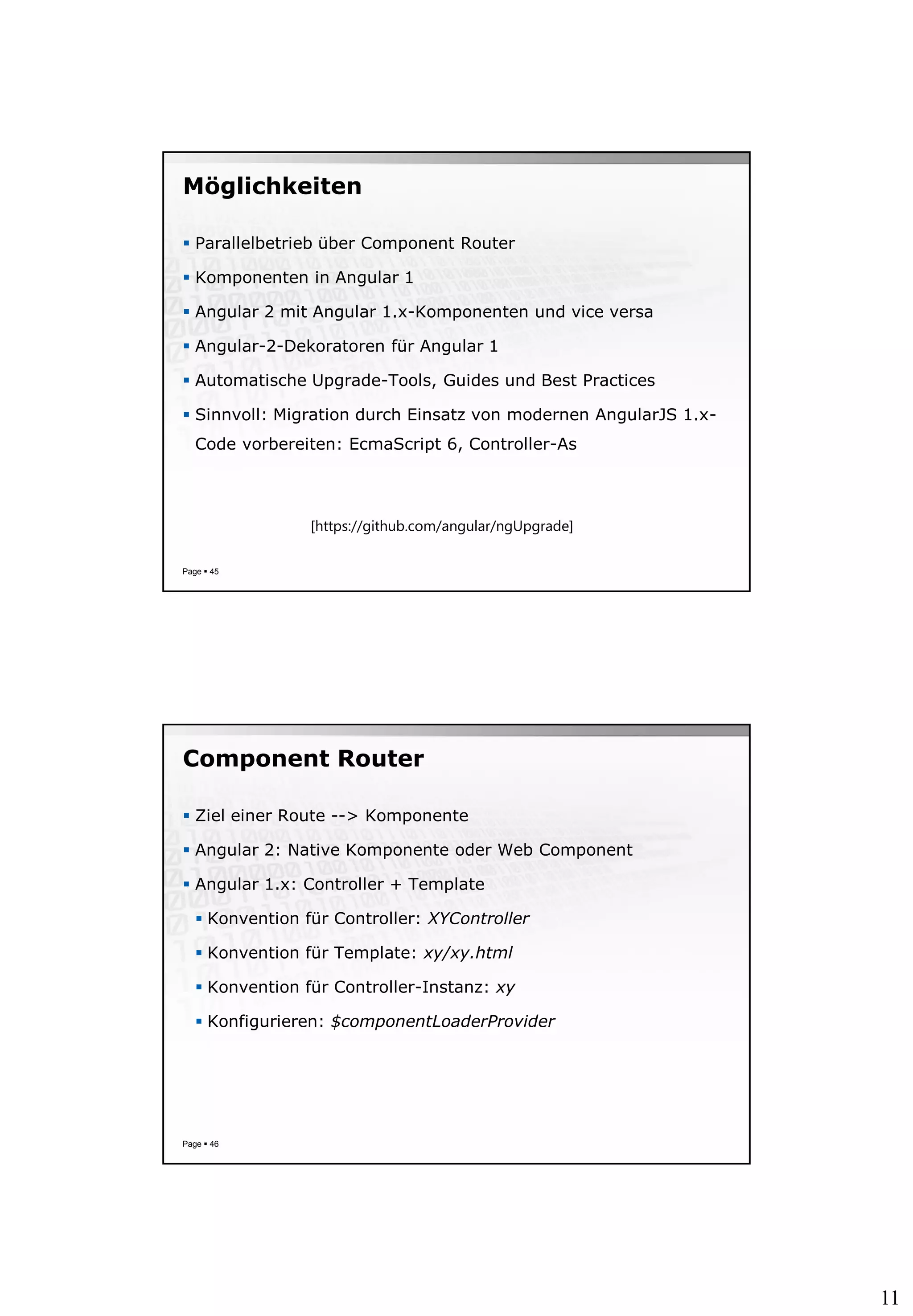 11
Möglichkeiten
 Parallelbetrieb über Component Router
 Komponenten in Angular 1
 Angular 2 mit Angular 1.x-Komponenten und vice versa
 Angular-2-Dekoratoren für Angular 1
 Automatische Upgrade-Tools, Guides und Best Practices
 Sinnvoll: Migration durch Einsatz von modernen AngularJS 1.x-
Code vorbereiten: EcmaScript 6, Controller-As
Page  45
[https://github.com/angular/ngUpgrade]
Component Router
 Ziel einer Route --> Komponente
 Angular 2: Native Komponente oder Web Component
 Angular 1.x: Controller + Template
 Konvention für Controller: XYController
 Konvention für Template: xy/xy.html
 Konvention für Controller-Instanz: xy
 Konfigurieren: $componentLoaderProvider
Page  46
 