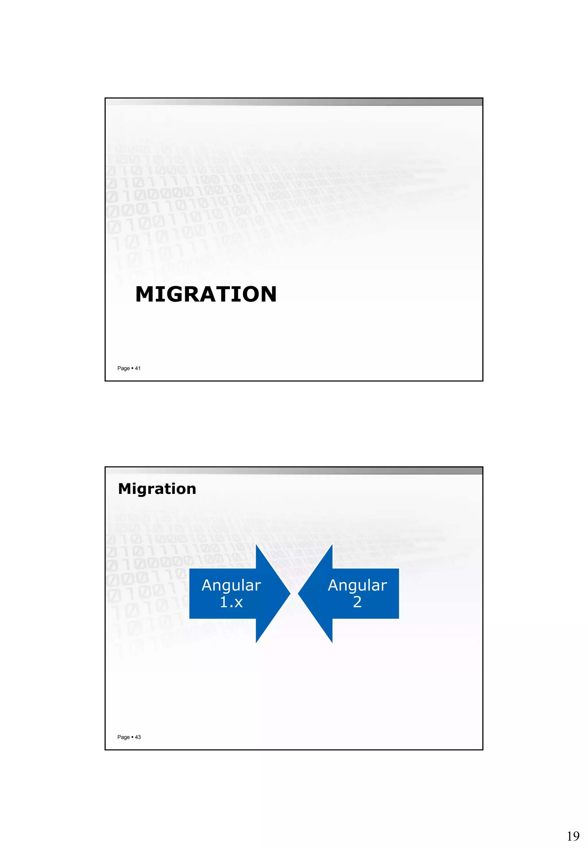 19
MIGRATION
Page  41
Migration
Page  43
Angular
1.x
Angular
2
 