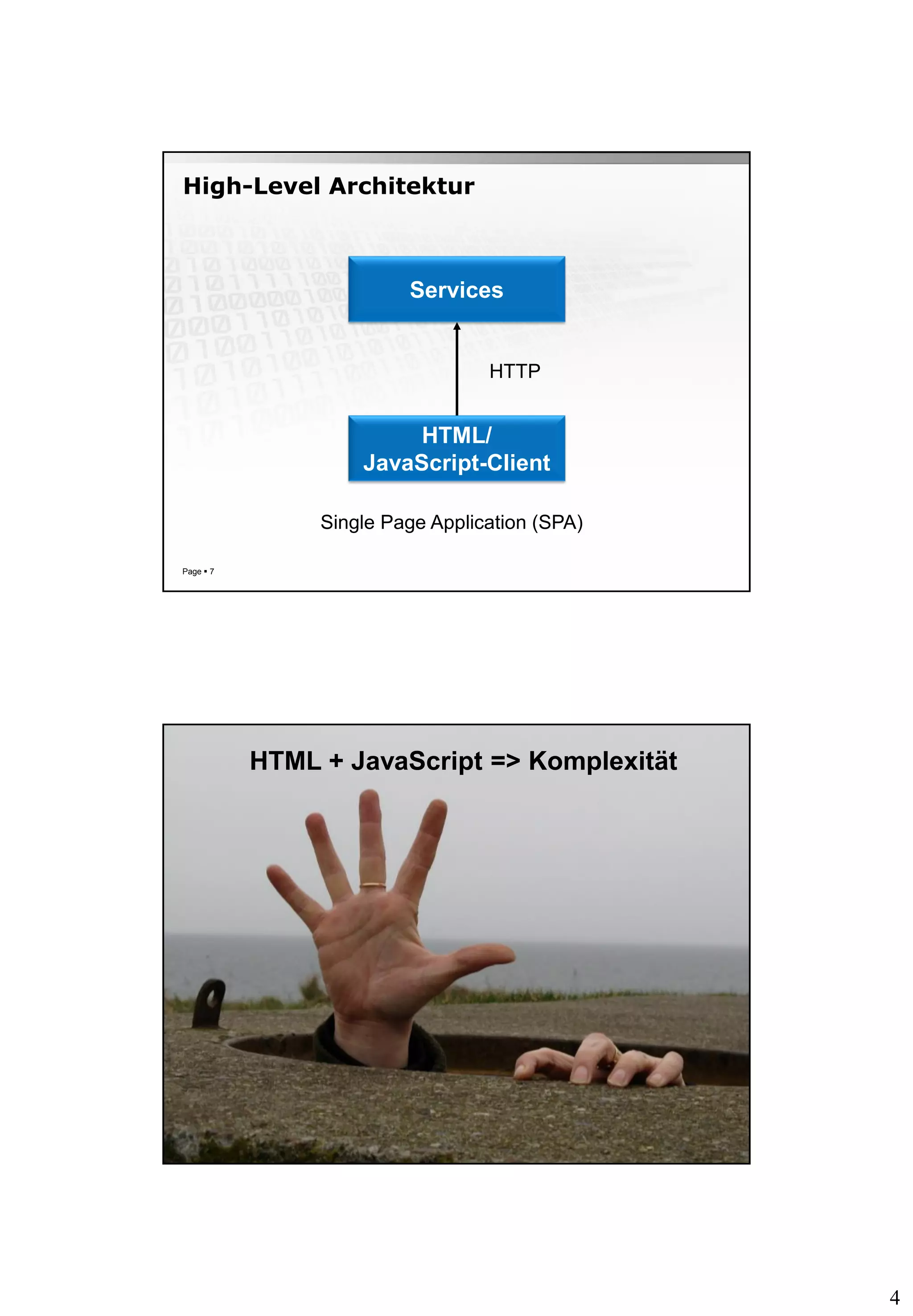 4
High-Level Architektur
Page  7
Services
HTML/
JavaScript-Client
HTTP
Single Page Application (SPA)
Page  8
HTML + JavaScript => Komplexität
 