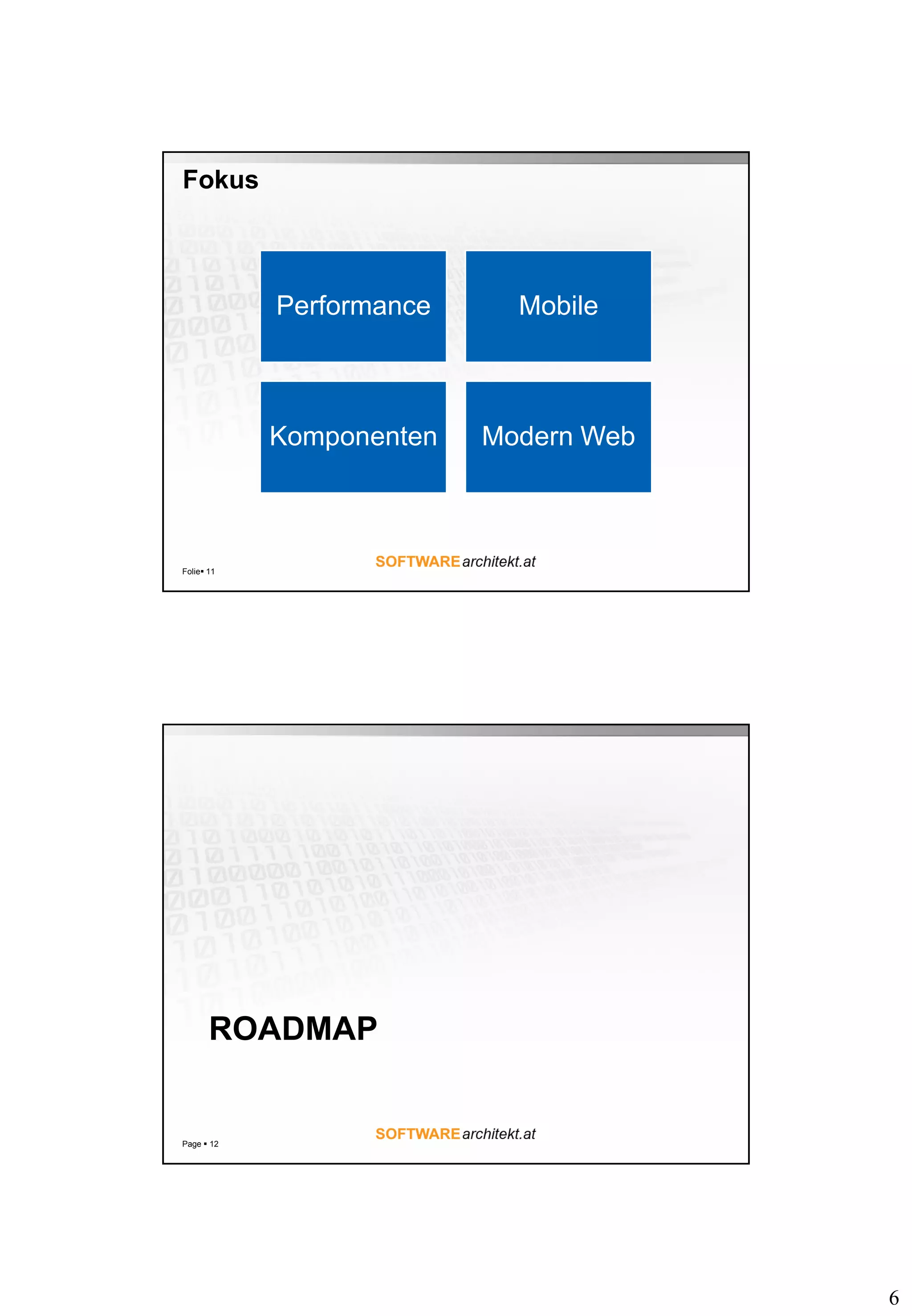 6
Fokus
Folie 11
Performance Mobile
Komponenten Modern Web
ROADMAP
Page  12
 