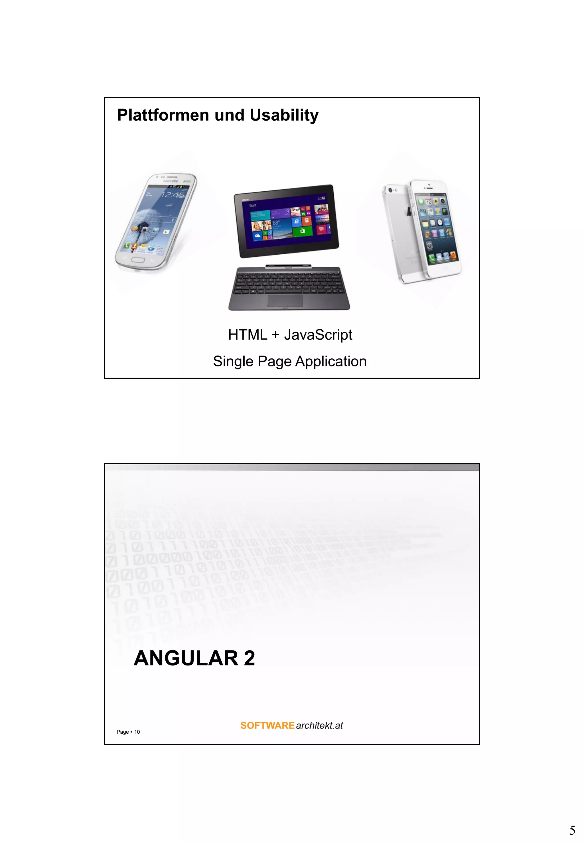 5
Plattformen und Usability
HTML + JavaScript
Single Page Application
ANGULAR 2
Page  10
 