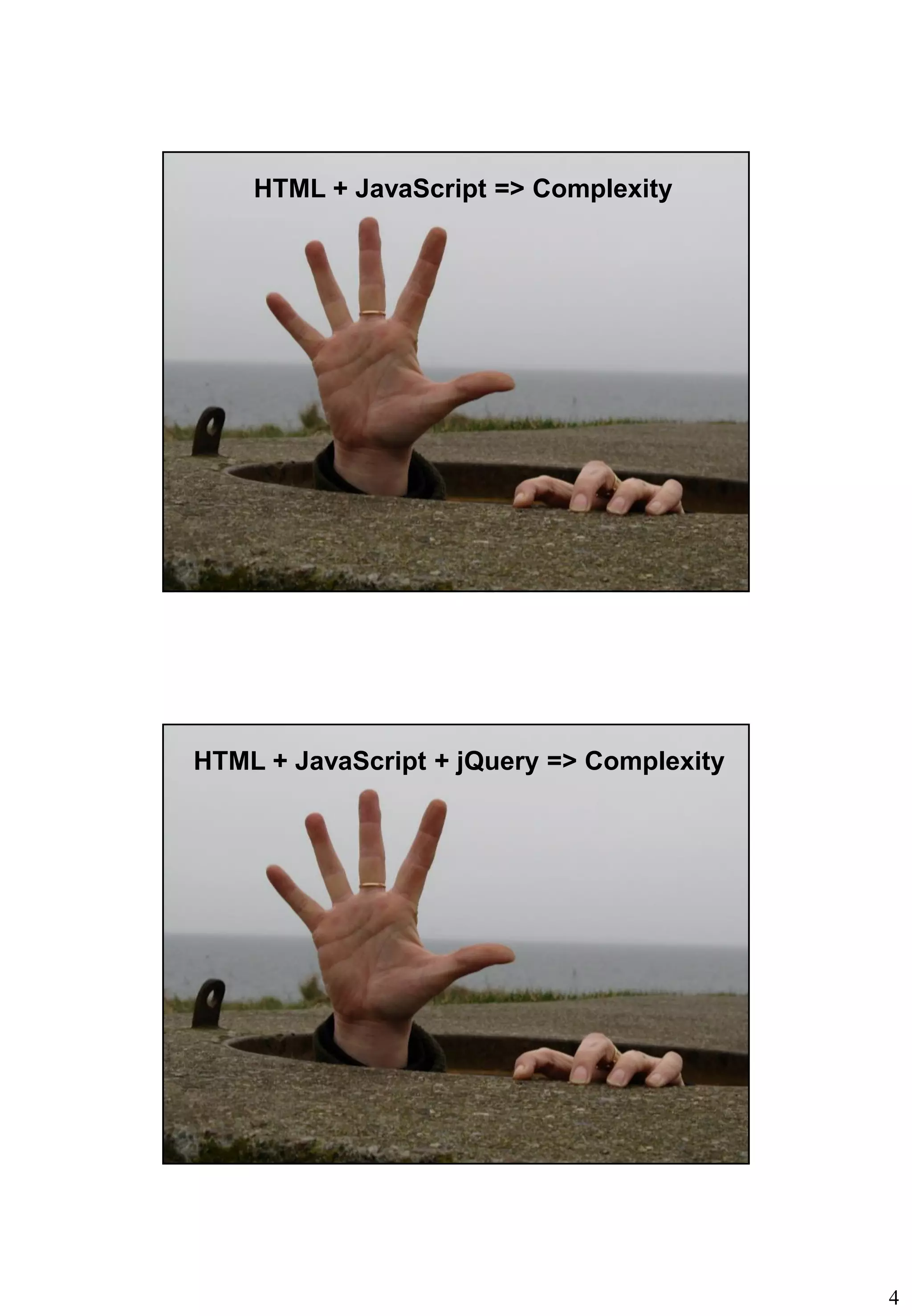 4
Page  7
HTML + JavaScript => Complexity
Page  8
HTML + JavaScript + jQuery => Complexity
 