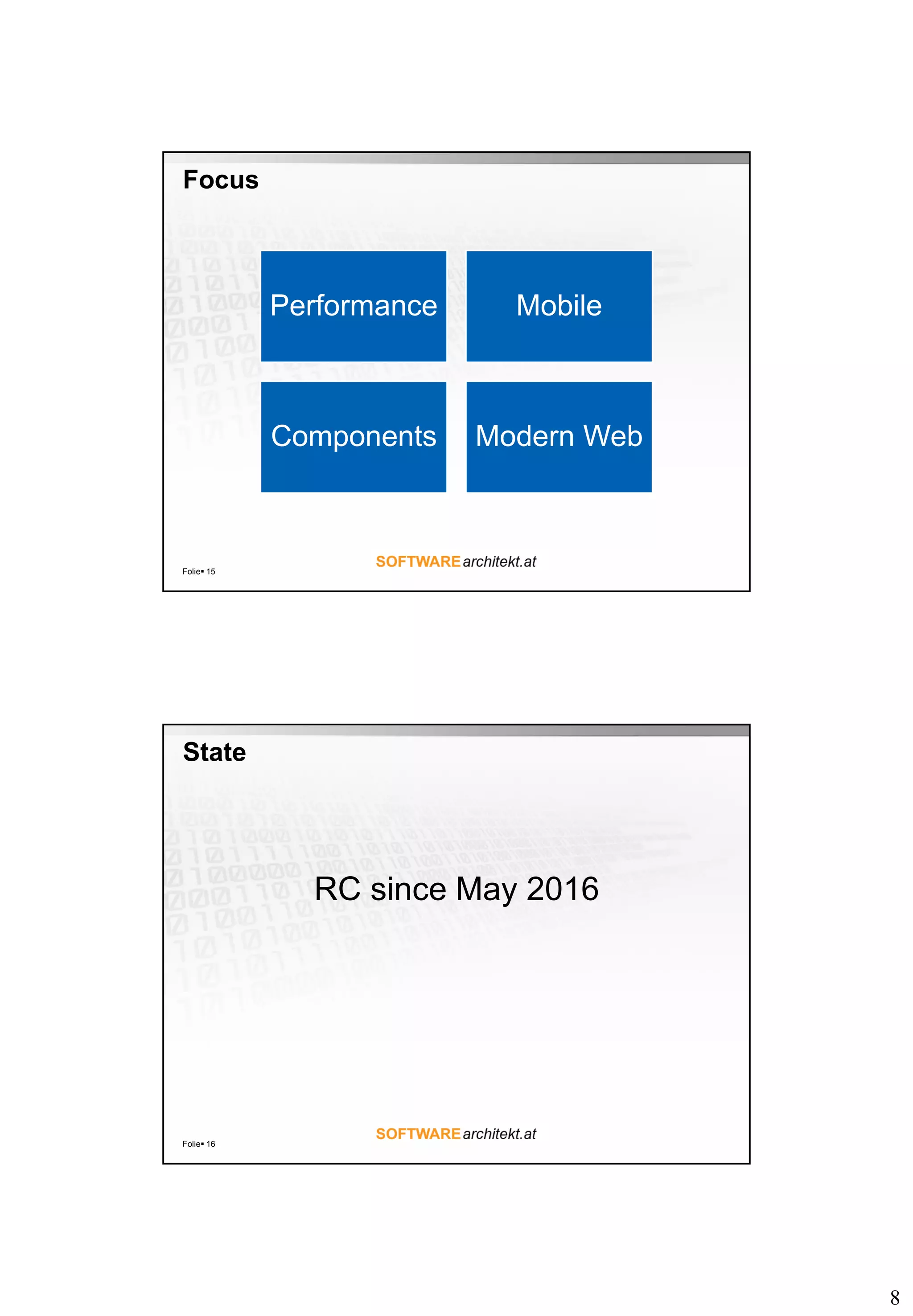 8
Focus
Folie 15
Performance Mobile
Components Modern Web
State
RC since May 2016
Folie 16
 