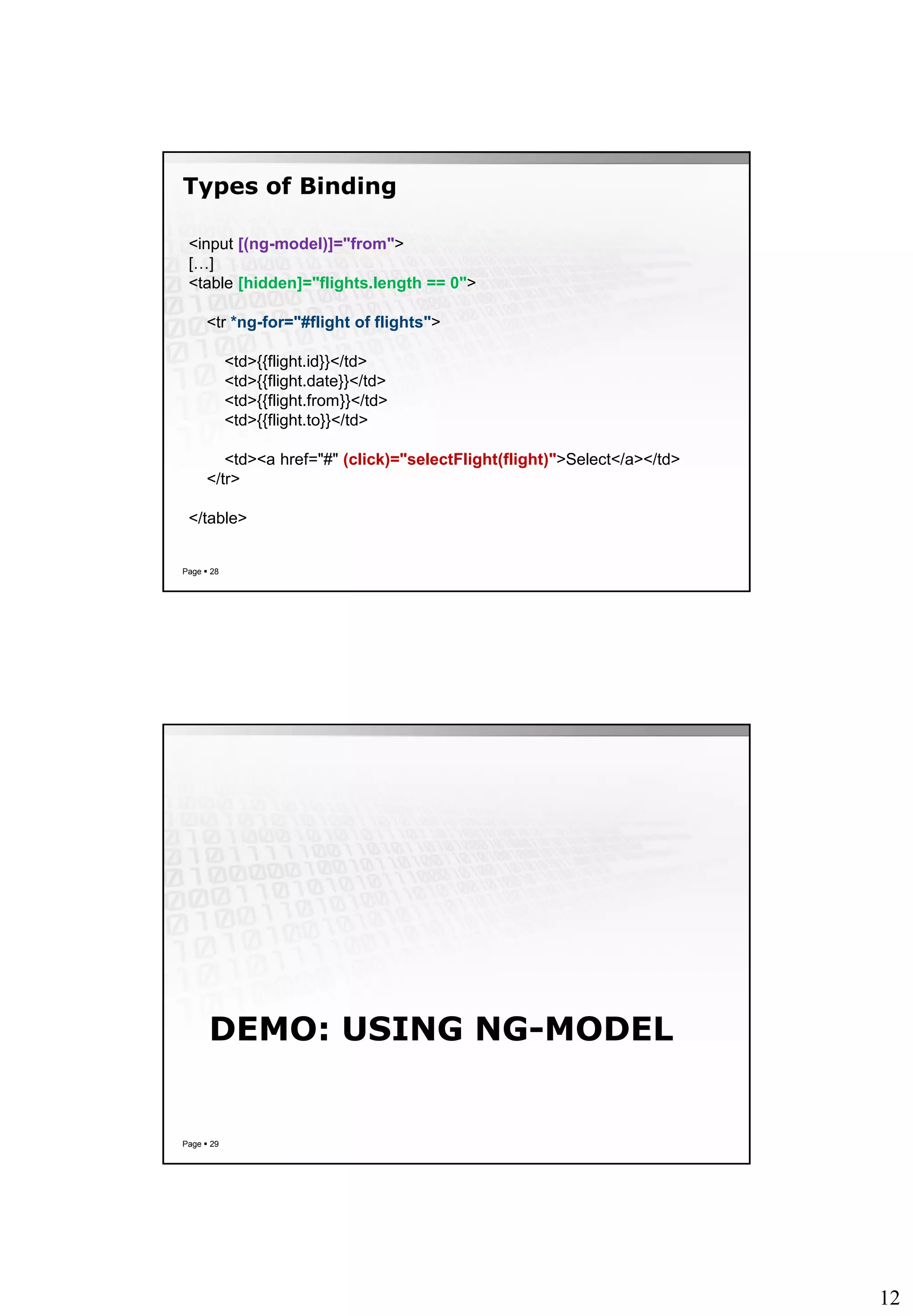 12
Types of Binding
Page  28
<input [(ng-model)]="from">
[…]
<table [hidden]="flights.length == 0">
<tr *ng-for="#flight of flights">
<td>{{flight.id}}</td>
<td>{{flight.date}}</td>
<td>{{flight.from}}</td>
<td>{{flight.to}}</td>
<td><a href="#" (click)="selectFlight(flight)">Select</a></td>
</tr>
</table>
DEMO: USING NG-MODEL
Page  29
 