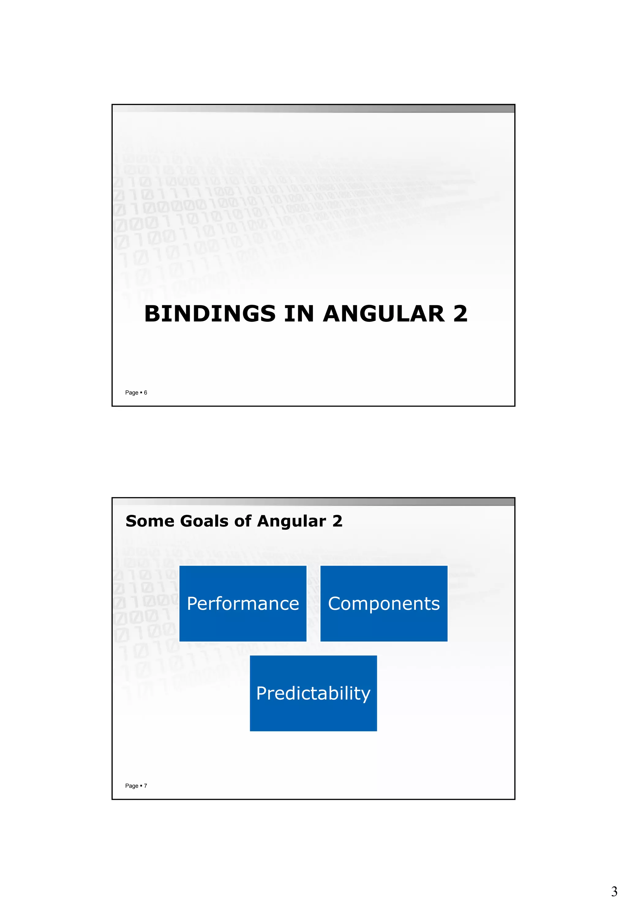 3
BINDINGS IN ANGULAR 2
Page  6
Some Goals of Angular 2
Page  7
Performance Components
Predictability
 