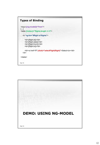 12
Types of Binding
Page  28
<input [(ng-model)]="from">
[…]
<table [hidden]="flights.length == 0">
<tr *ng-for="#flight of flights">
<td>{{flight.id}}</td>
<td>{{flight.date}}</td>
<td>{{flight.from}}</td>
<td>{{flight.to}}</td>
<td><a href="#" (click)="selectFlight(flight)">Select</a></td>
</tr>
</table>
DEMO: USING NG-MODEL
Page  29
 