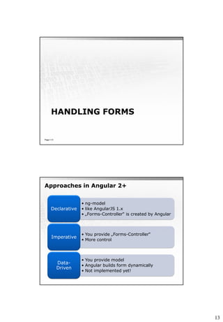 13
HANDLING FORMS
Page  31
Approaches in Angular 2+
• ng-model
• like AngularJS 1.x
• „Forms-Controller“ is created by Angular
Declarative
• You provide „Forms-Controller“
• More control
Imperative
• You provide model
• Angular builds form dynamically
• Not implemented yet!
Data-
Driven
 