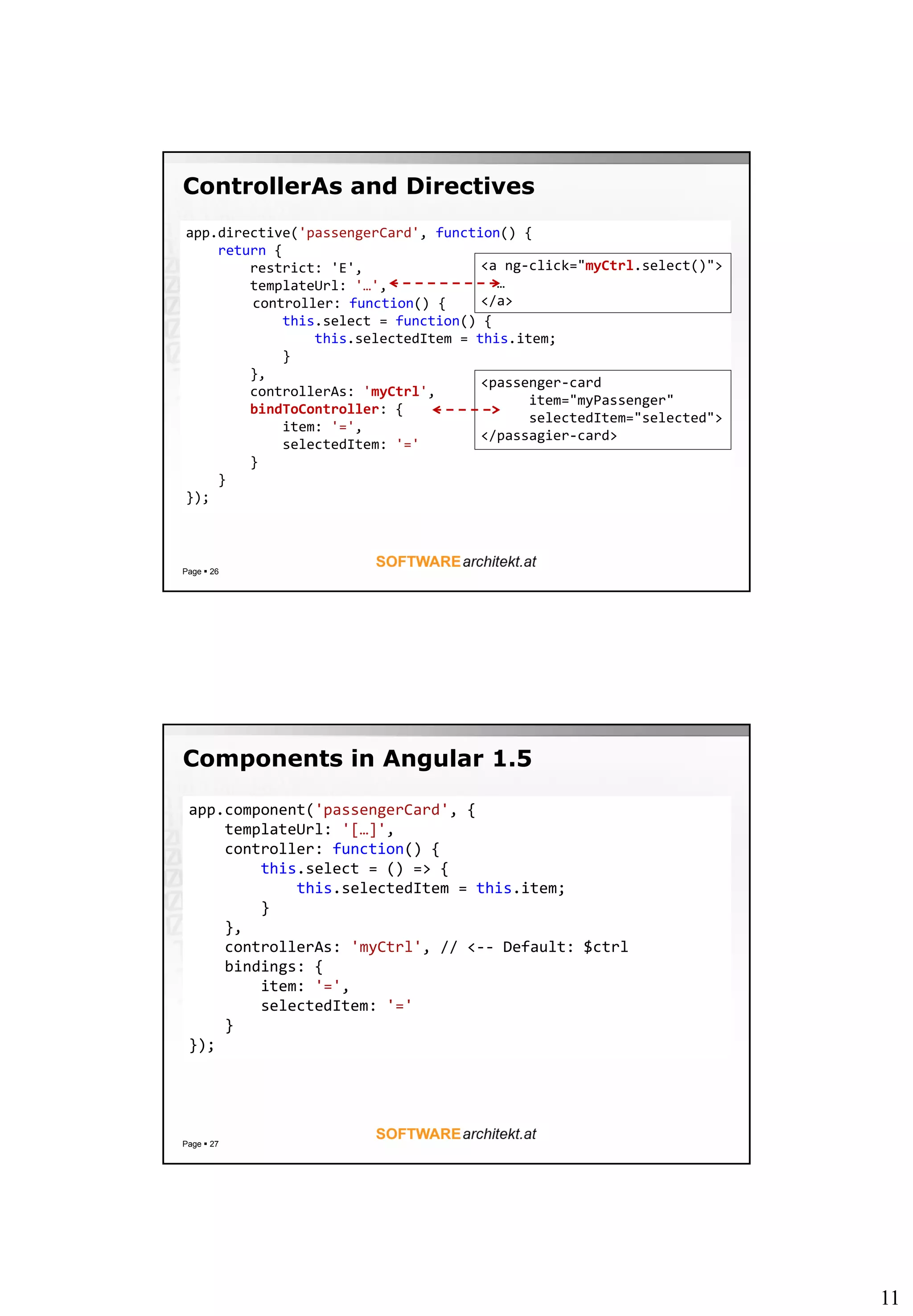 11
ControllerAs and Directives
Page  26
app.directive('passengerCard', function() {
return {
restrict: 'E',
templateUrl: '…',
controller: function() {
this.select = function() {
this.selectedItem = this.item;
}
},
controllerAs: 'myCtrl',
bindToController: {
item: '=',
selectedItem: '='
}
}
});
<passenger-card
item="myPassenger"
selectedItem="selected">
</passagier-card>
<a ng-click="myCtrl.select()">
…
</a>
Components in Angular 1.5
Page  27
app.component('passengerCard', {
templateUrl: '[…]',
controller: function() {
this.select = () => {
this.selectedItem = this.item;
}
},
controllerAs: 'myCtrl', // <-- Default: $ctrl
bindings: {
item: '=',
selectedItem: '='
}
});
 