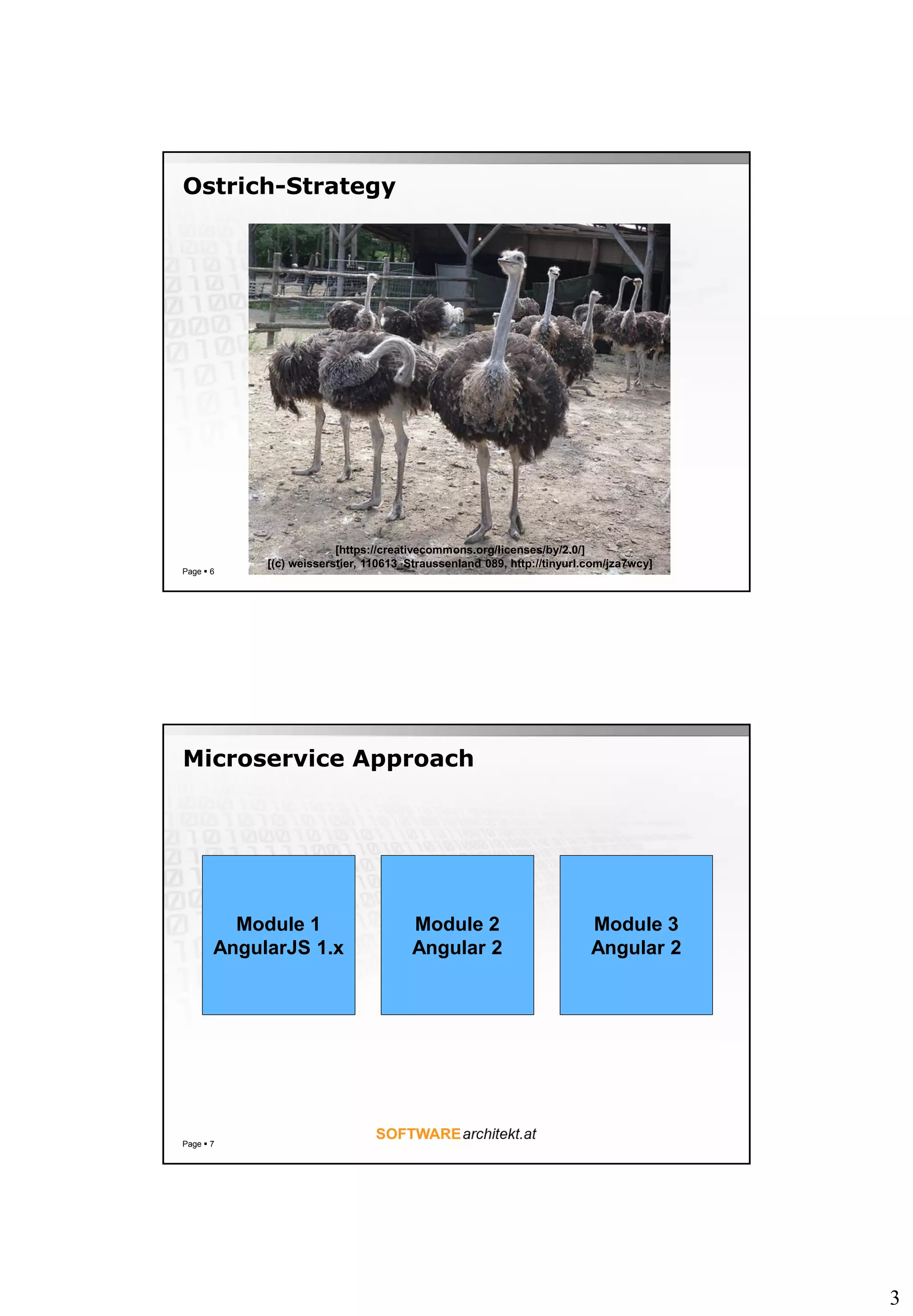 3
Ostrich-Strategy
Page  6
[https://creativecommons.org/licenses/by/2.0/]
[(c) weisserstier, 110613_Straussenland 089, http://tinyurl.com/jza7wcy]
Microservice Approach
Page  7
Module 1
AngularJS 1.x
Module 2
Angular 2
Module 3
Angular 2
 