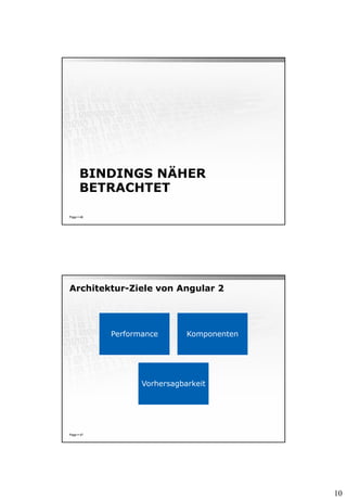 10
BINDINGS NÄHER
BETRACHTET
Page  46
Architektur-Ziele von Angular 2
Page  47
Performance Komponenten
Vorhersagbarkeit
 