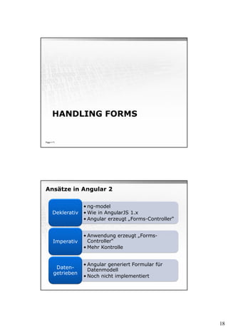 18
HANDLING FORMS
Page  71
Ansätze in Angular 2
• ng-model
• Wie in AngularJS 1.x
• Angular erzeugt „Forms-Controller“
Deklerativ
• Anwendung erzeugt „Forms-
Controller“
• Mehr Kontrolle
Imperativ
• Angular generiert Formular für
Datenmodell
• Noch nicht implementiert
Daten-
getrieben
 