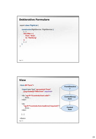19
Deklerative Formulare
Page  73
export class FlightList {
constructor(flightService: FlightService) {
[…]
this.filter = {
from: 'Graz',
to: 'Hamburg'
};
[…]
}
}
View
Page  74
<form #f="form">
<input type="text" ng-control="from"
[(ng-model)]="filter.from" required>
<div *ng-if="!f.controls.from.valid">
…Error…
</div>
<div
*ng-if="f.controls.from.hasError('required')">
…Error…
</div>
[…]
</form>
FormDirective
f
ControlGroup
form
Control
from
 