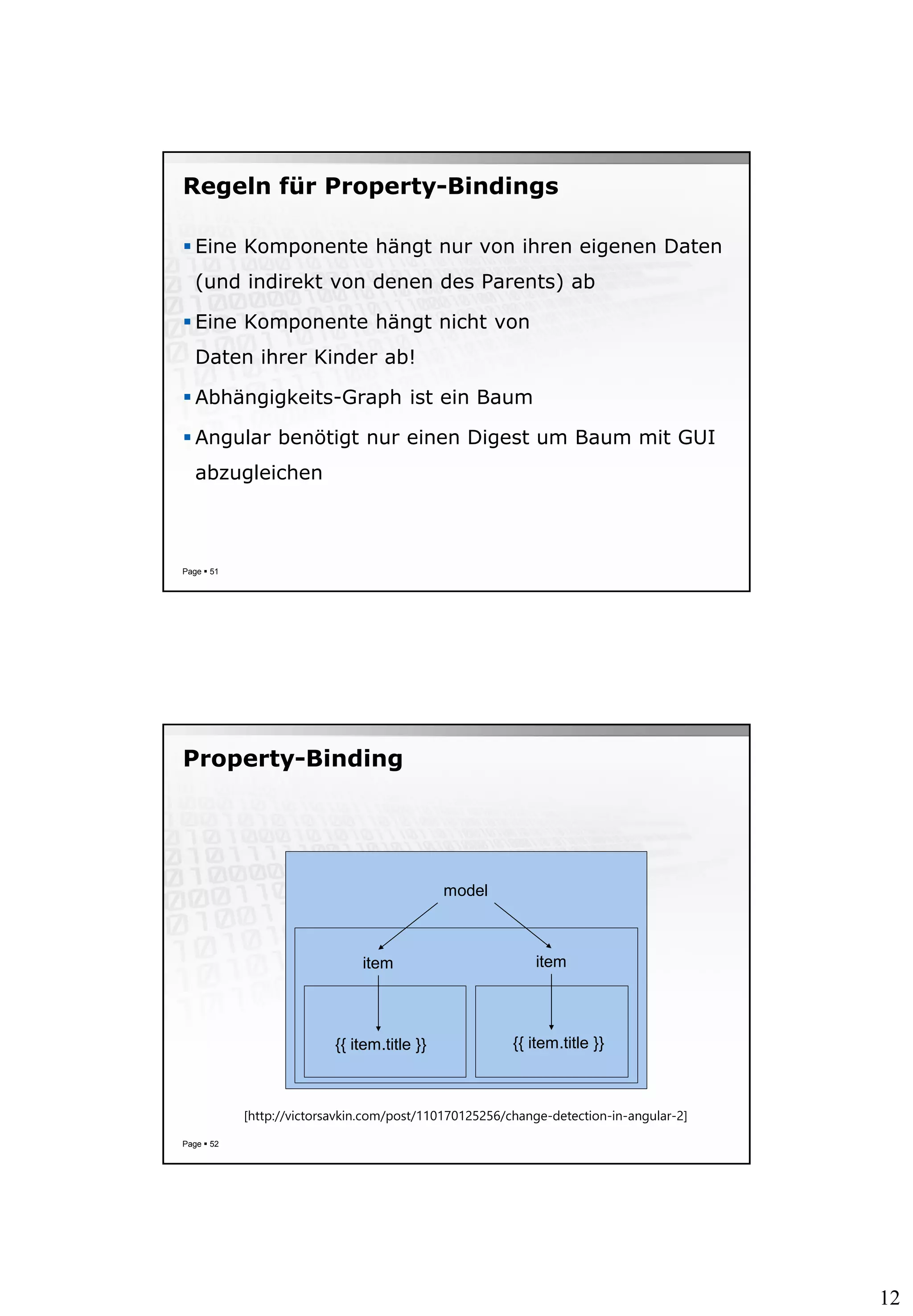 12
Regeln für Property-Bindings
 Eine Komponente hängt nur von ihren eigenen Daten
(und indirekt von denen des Parents) ab
 Eine Komponente hängt nicht von
Daten ihrer Kinder ab!
 Abhängigkeits-Graph ist ein Baum
 Angular benötigt nur einen Digest um Baum mit GUI
abzugleichen
Page  51
Property-Binding
Page  52
model
item item
{{ item.title }} {{ item.title }}
[http://victorsavkin.com/post/110170125256/change-detection-in-angular-2]
 