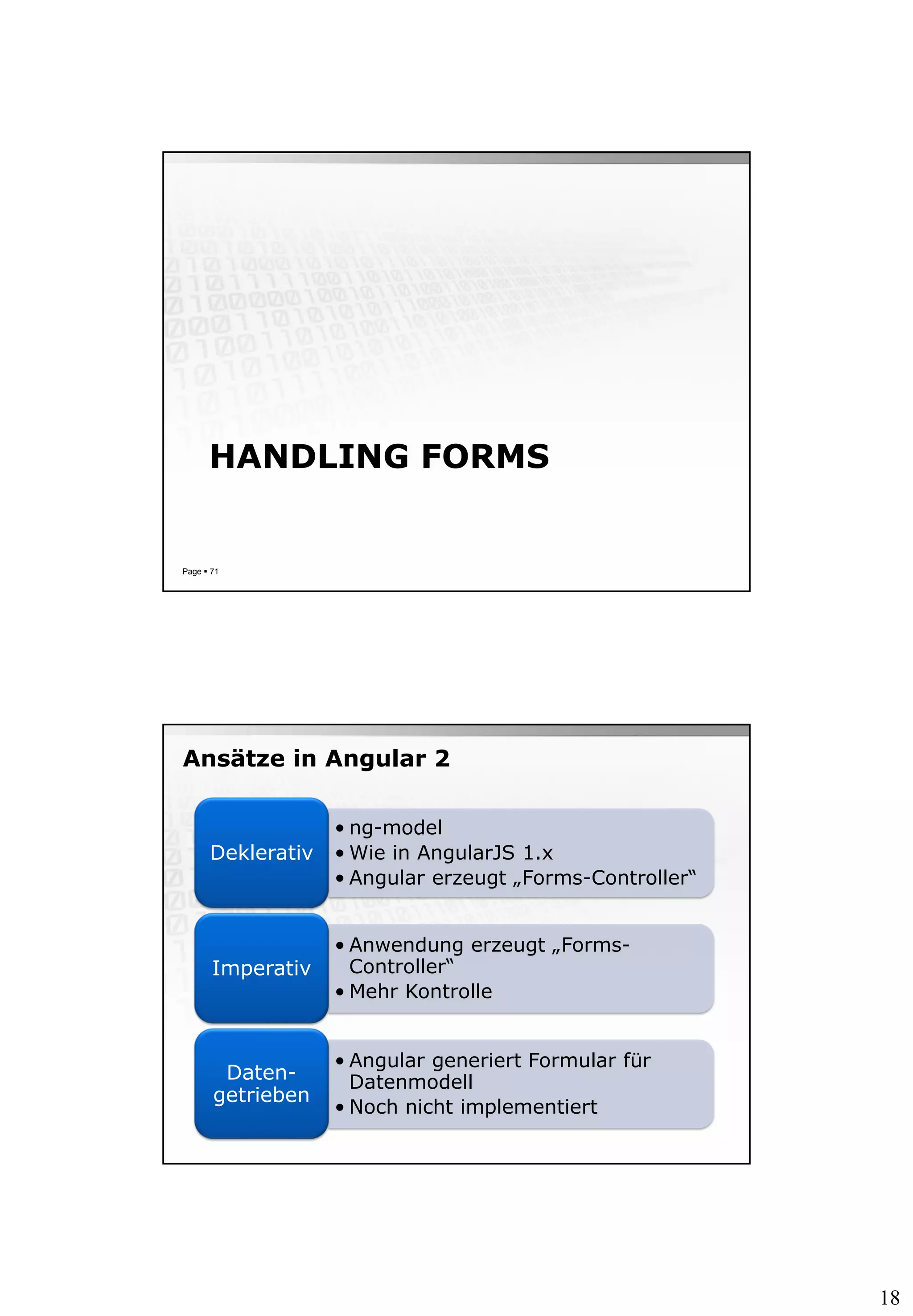 18
HANDLING FORMS
Page  71
Ansätze in Angular 2
• ng-model
• Wie in AngularJS 1.x
• Angular erzeugt „Forms-Controller“
Deklerativ
• Anwendung erzeugt „Forms-
Controller“
• Mehr Kontrolle
Imperativ
• Angular generiert Formular für
Datenmodell
• Noch nicht implementiert
Daten-
getrieben
 