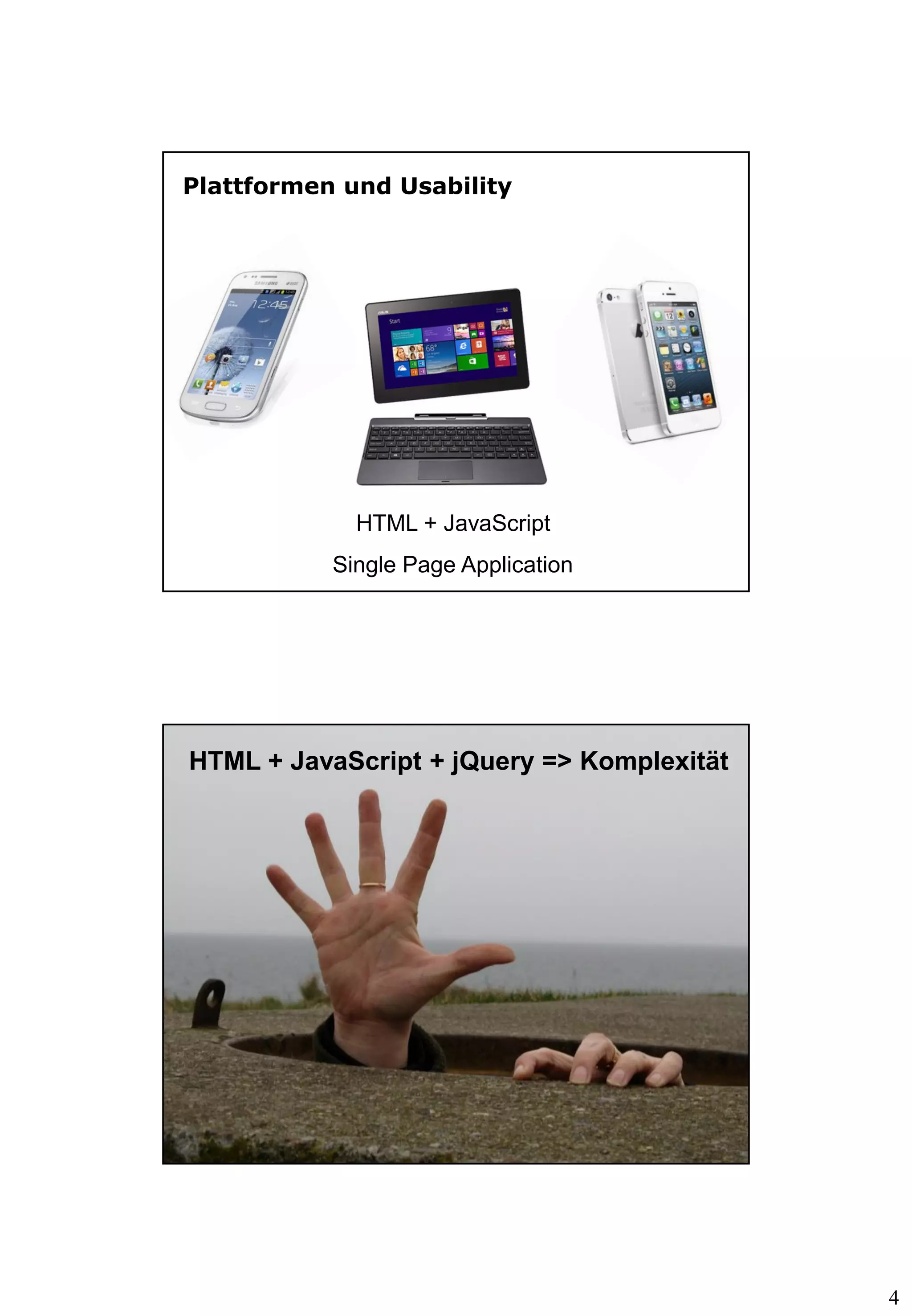 4
Plattformen und Usability
HTML + JavaScript
Single Page Application
Page  15
HTML + JavaScript + jQuery => Komplexität
 
