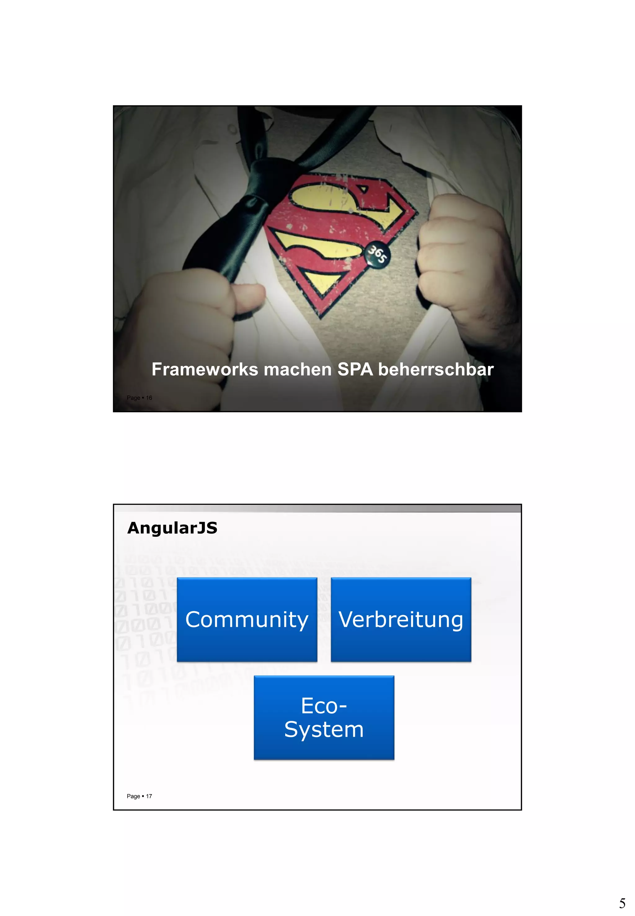 5
Page  16
Frameworks machen SPA beherrschbar
AngularJS
Page  17
Community Verbreitung
Eco-
System
 