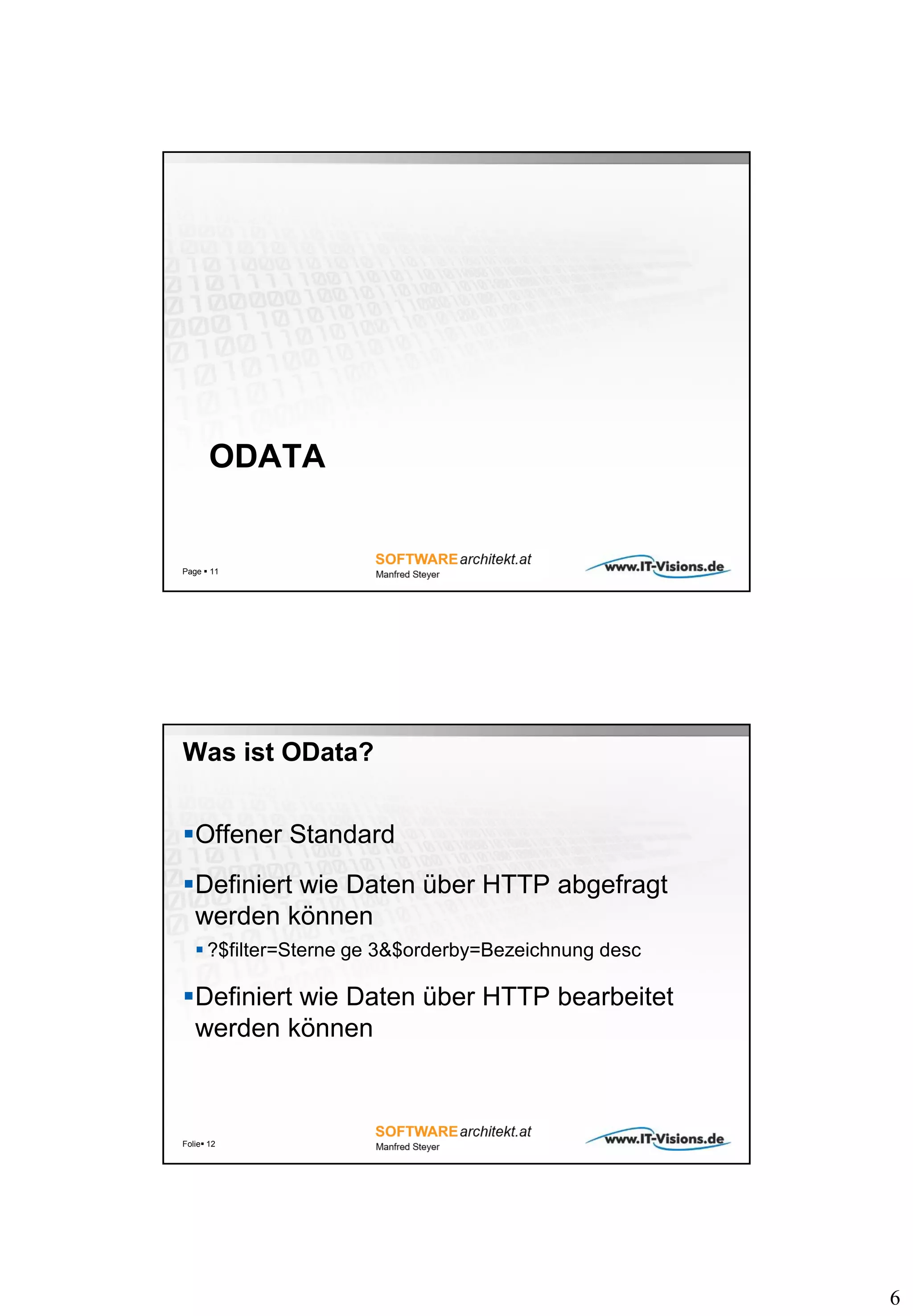 6
ODATA
Page  11
Was ist OData?
Offener Standard
Definiert wie Daten über HTTP abgefragt
werden können
 ?$filter=Sterne ge 3&$orderby=Bezeichnung desc
Definiert wie Daten über HTTP bearbeitet
werden können
Folie 12
 